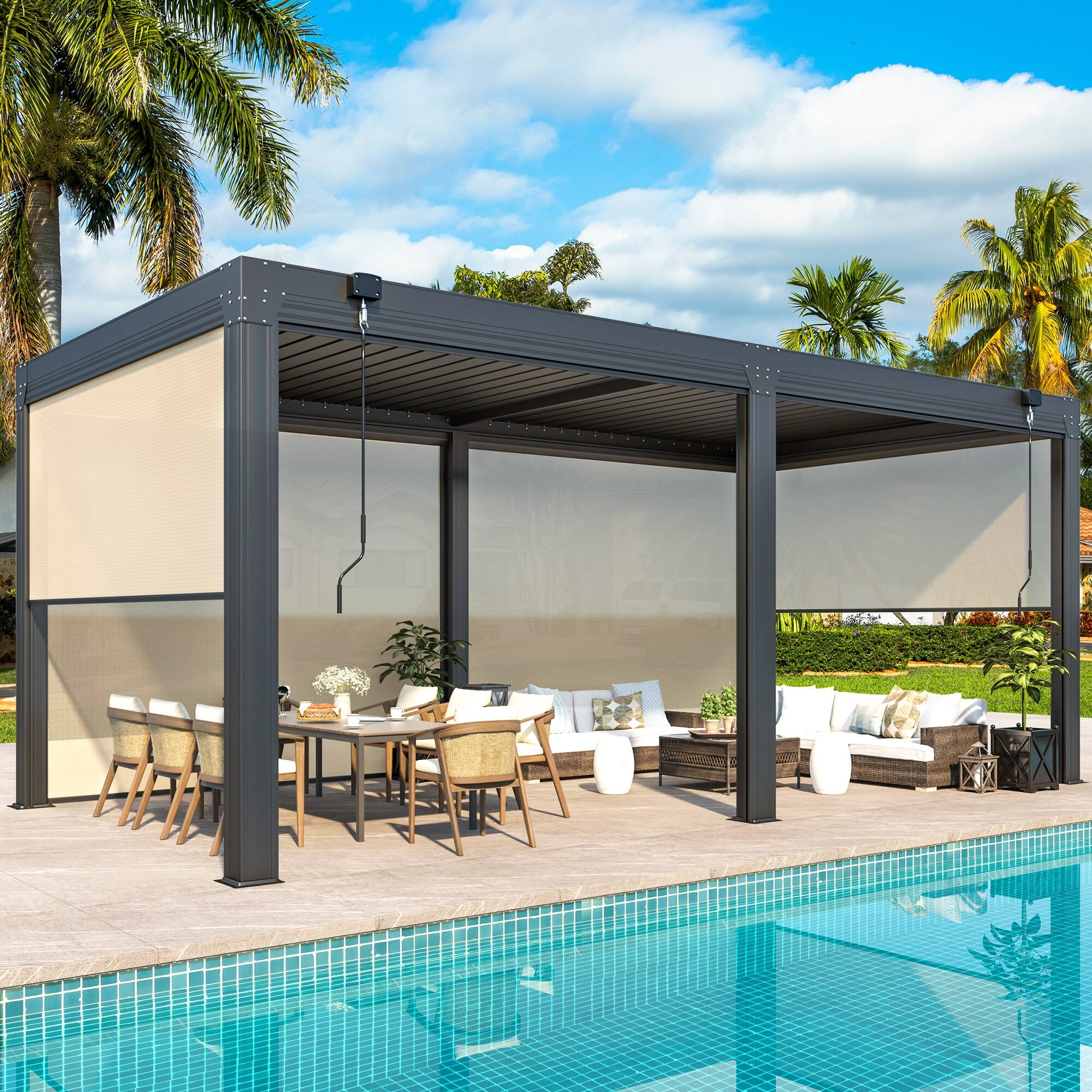 Left. U-HOMY - 10'x20' Outdoor Louvered Pergola - Features Adjustable Aluminum Roof & Drop-Down Curtains - Dark Grey.