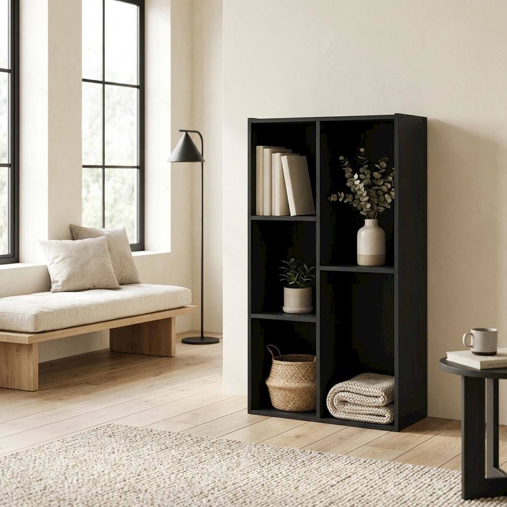 Left. FurniFact - Black Reversible Cube Storage Shelf With Open Compartments And Durable Finish - Blackwood.