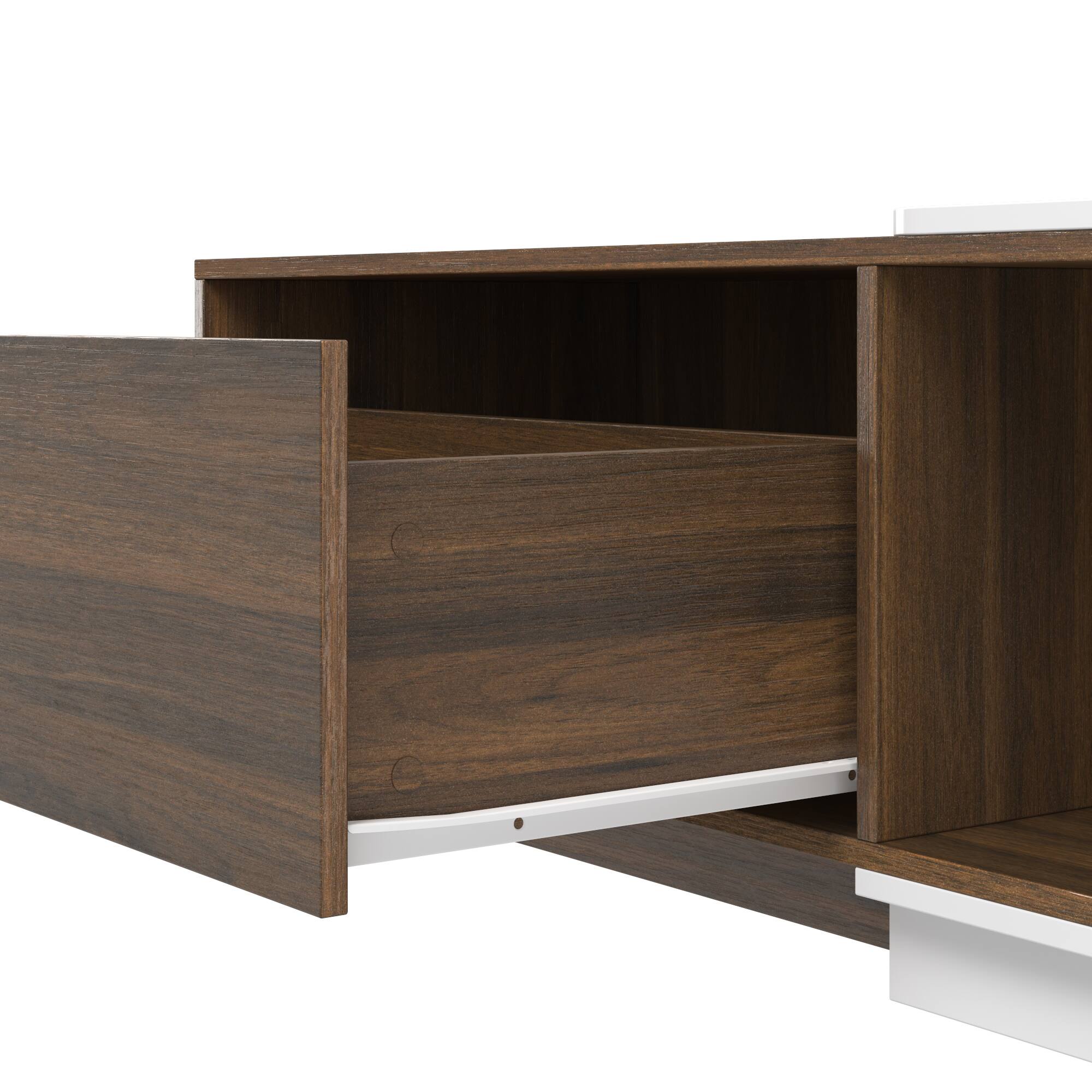 Alt View 3. Famapy - Extendable TV Stand, Modern Entertainment Center with Drawers, Open Shelves and Cable Management - Dark Walnut & White.