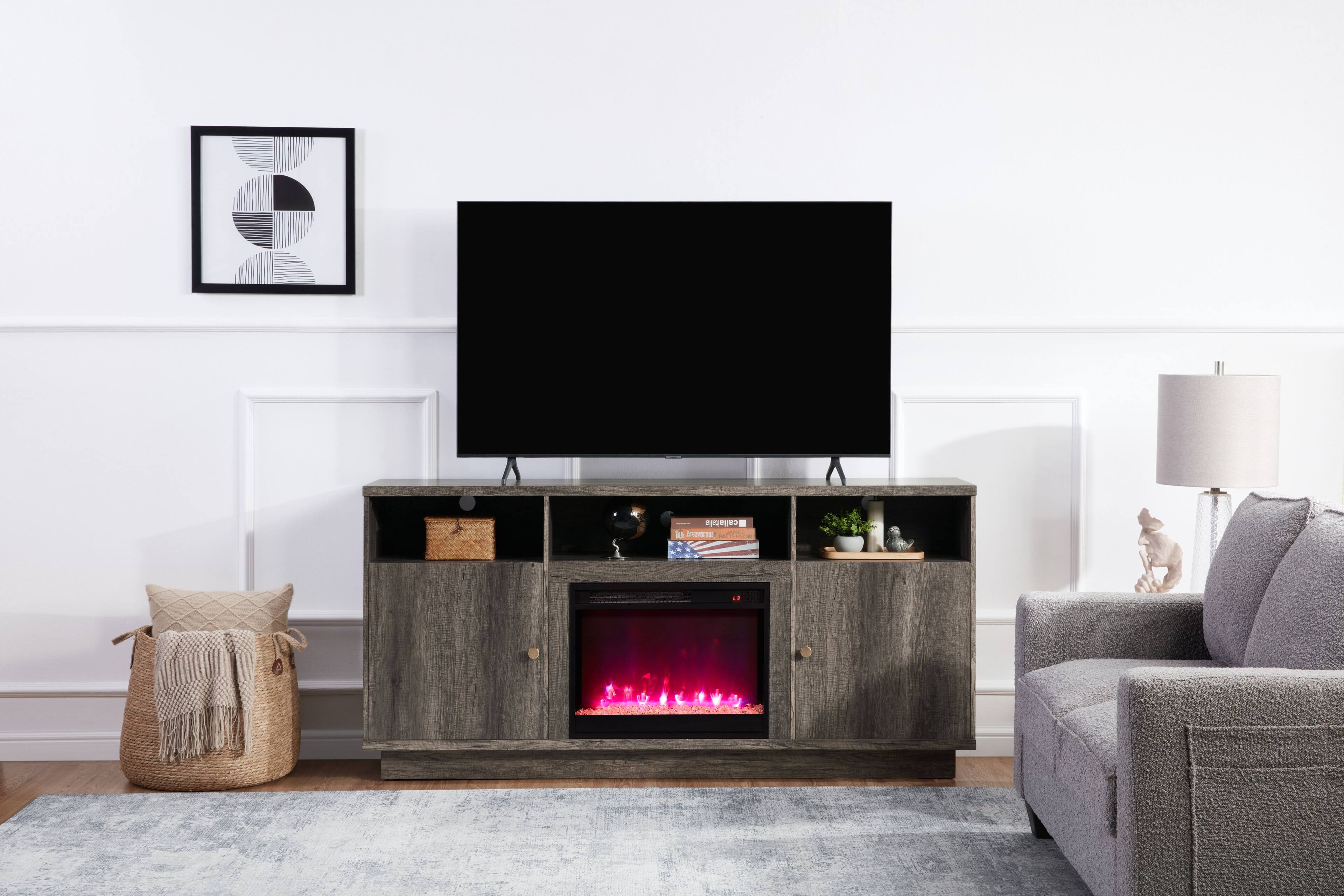 Left. APRILSOUL - 70 Inch W Gray Walnut Finish Fireplace TV Stand Console with Heater LED Light Cabinets Shelves - Gray.