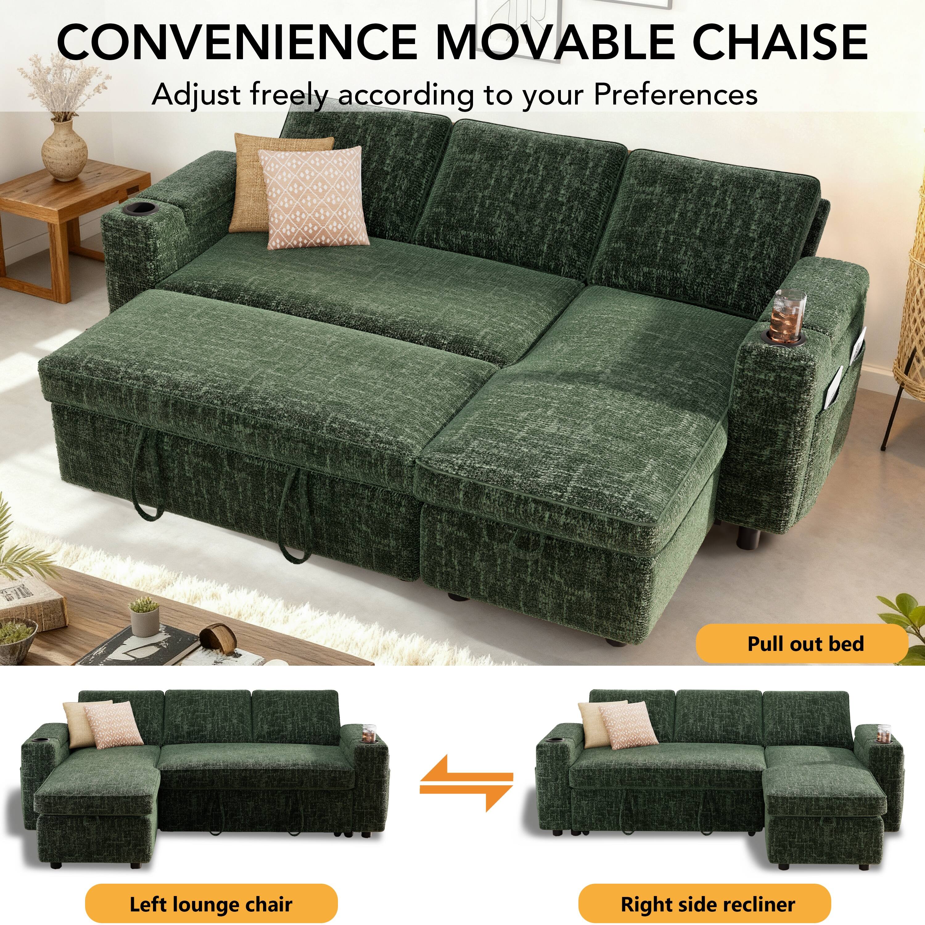 CONVENIENCE MOVABLE CHAISE  
Adjust freely according to your Preferences  

Pull out bed  
Left lounge chair  
Right side recliner