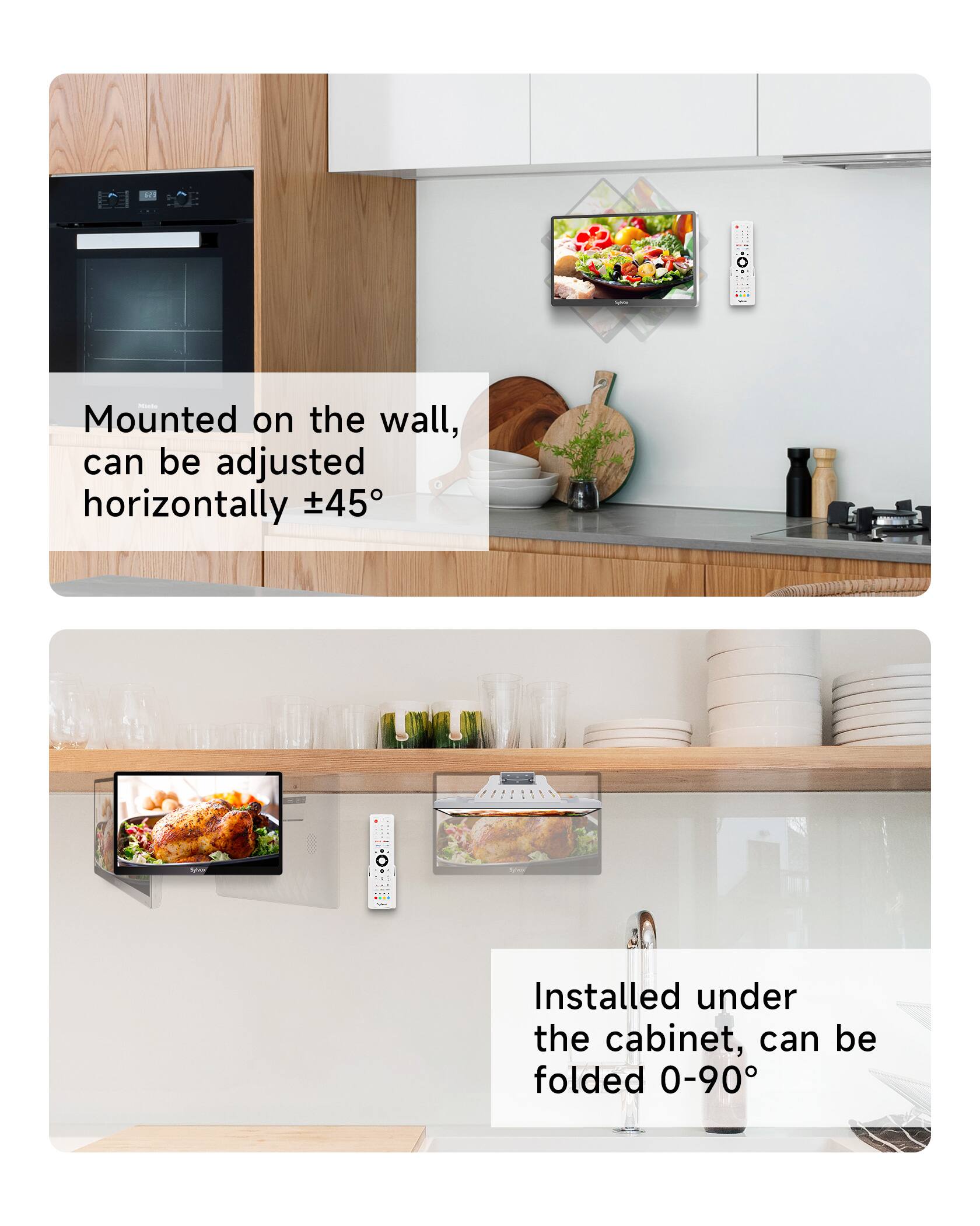 - Mounted on the wall, can be adjusted horizontally ±45°
- Installed under the cabinet, can be folded 0-90°