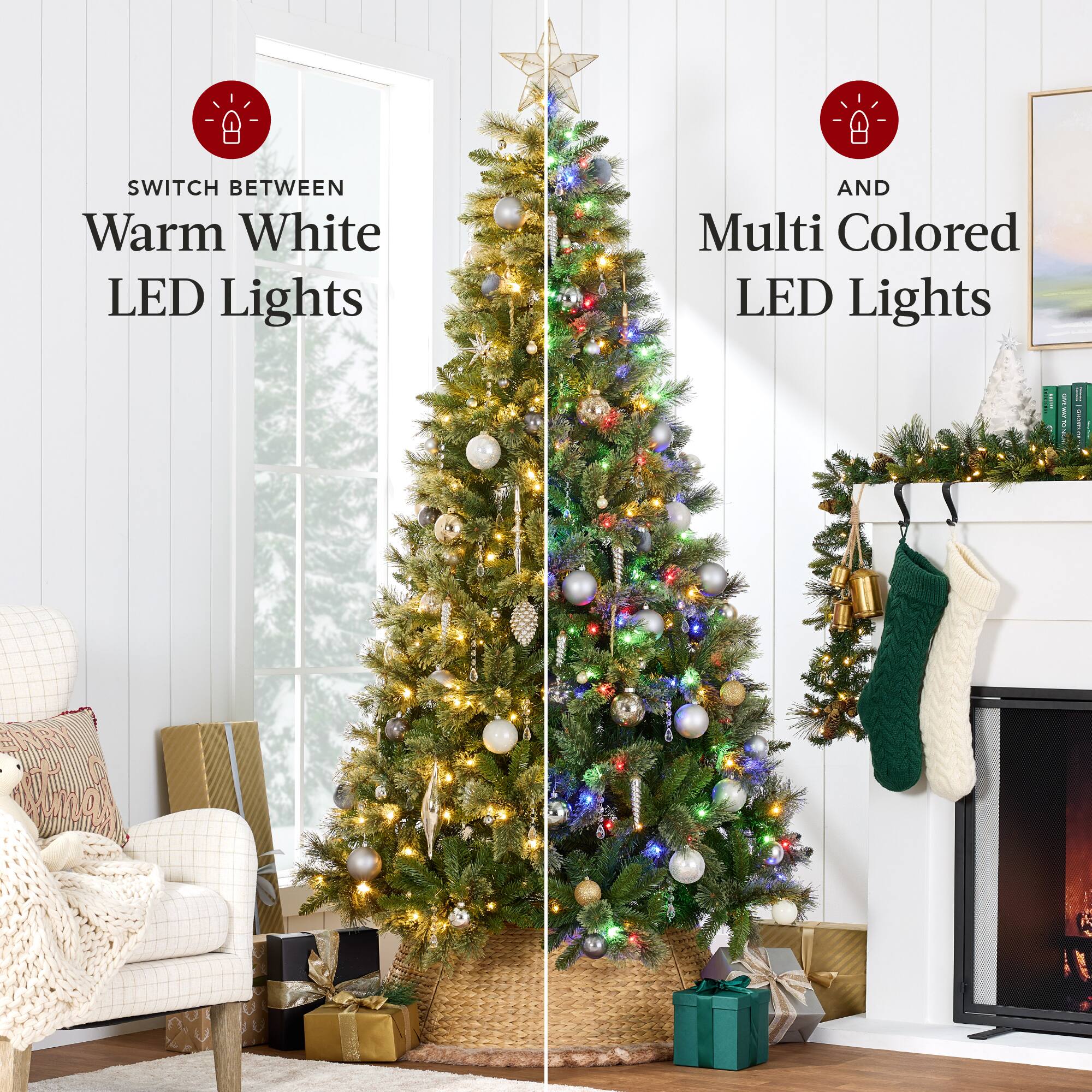 Switch between Warm White LED Lights and Multi Colored LED Lights.