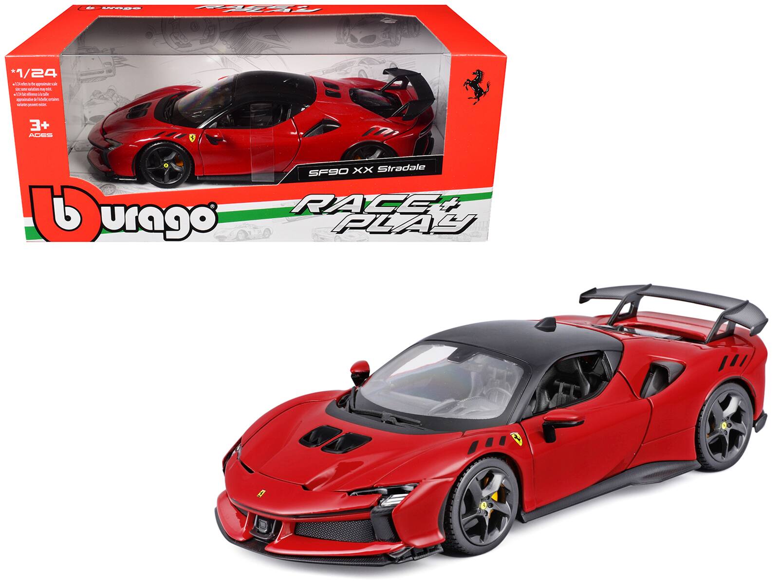 Ferrari SF90 XX Stradale Top "Race and Play" Series 1/24 Diecast Model Car by Bburago - Red with Black