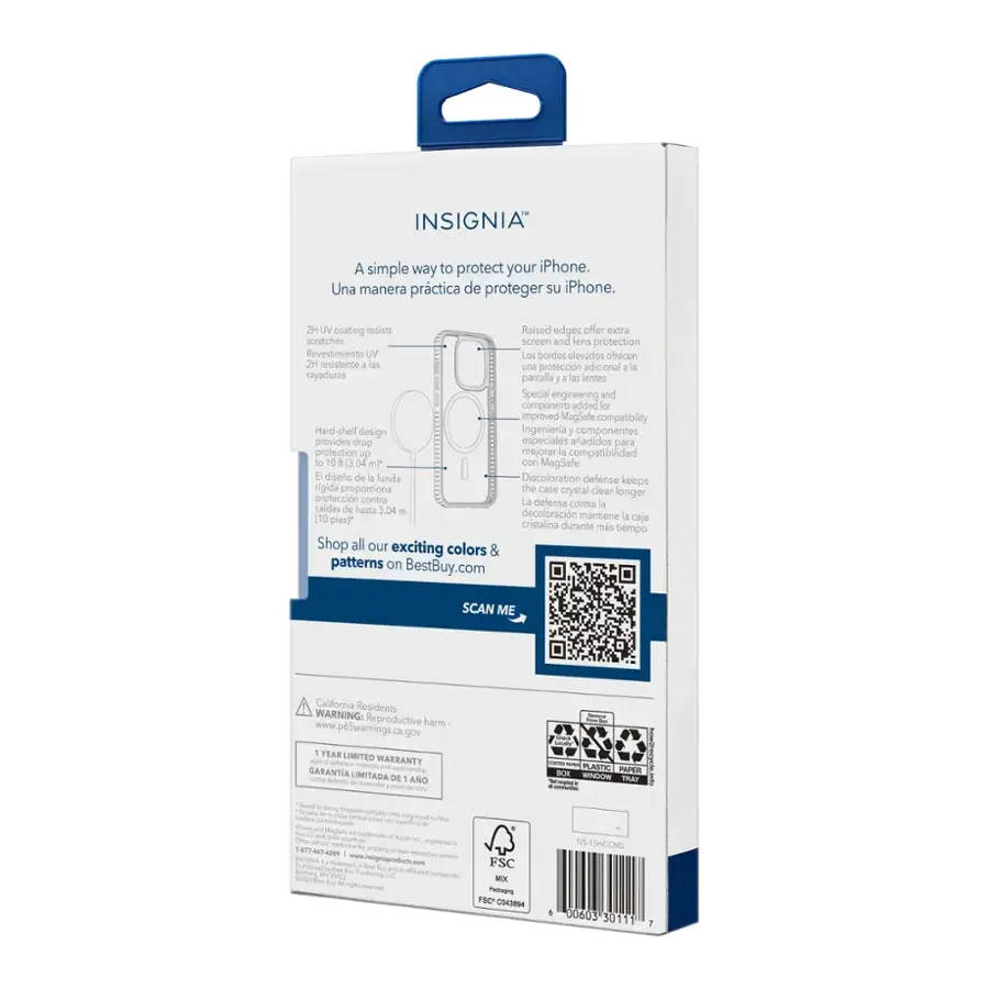 Insignia is a simple way to protect your iPhone. Una manera prctica de proteger su iPhone. The case features raised edges that offer extra scratch protection for the screen and lens. El caso tiene bordes elevados que ofrecen una proteccin adicional contra rayas y arañazos en la pantalla y las ientes. Special engineering and components have been added for improved MagSafe compatibility. La funda tiene un diseo de l funda riguida que proporciona una proteccin contra la descoloracin hasta 3.04 ml con MagSafe. Shop all our exciting colors & patterns on BestBuy.com. SCAN ME. California Residents WARNING: Reproductive harm. [www.p65warnings.ca.gov](http://www.p65warnings.ca.gov). 1 Tear Limited Warranty - Garantia mtnaihg LMITADA DE AO.