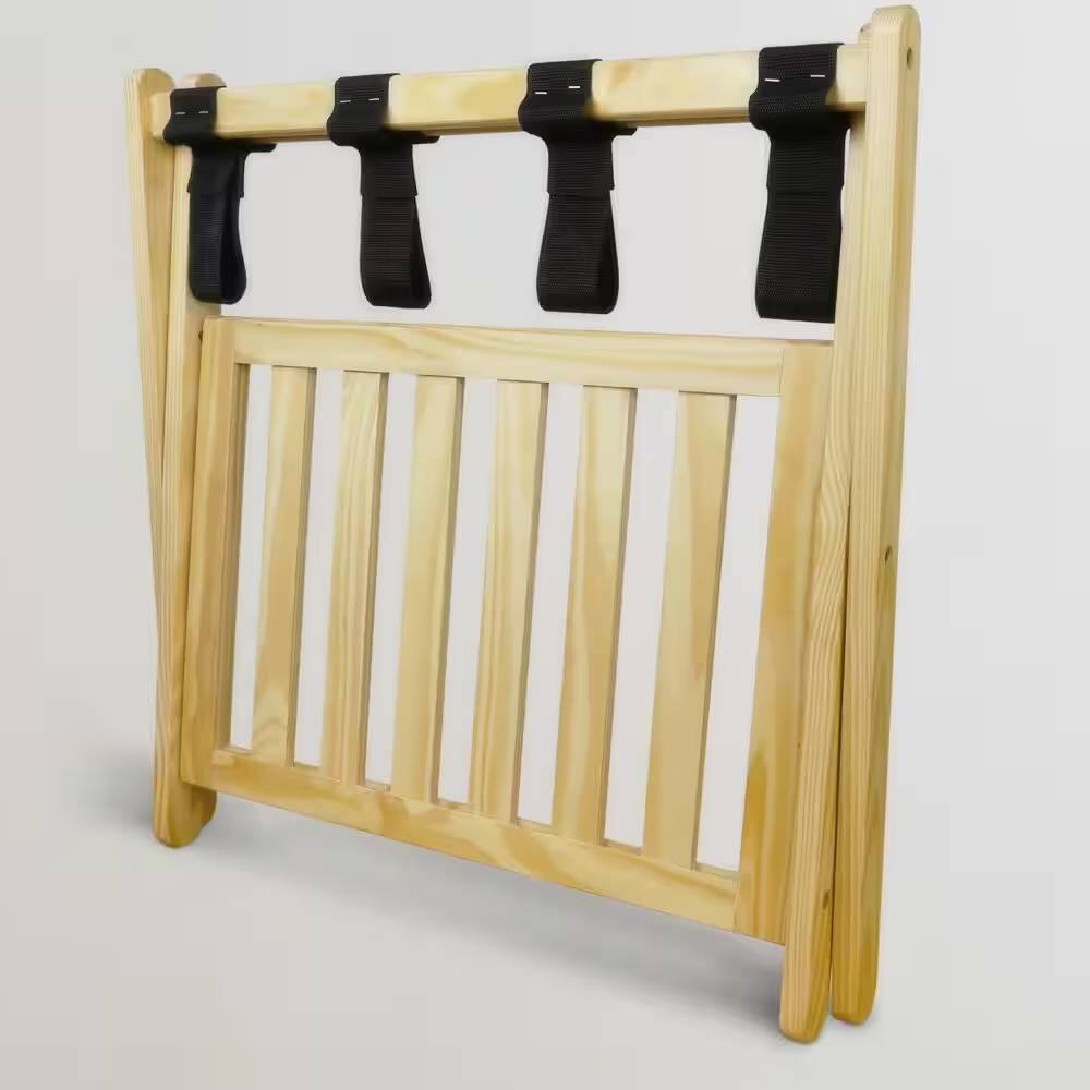 Left. Hivvago - Solid Wood Luggage Rack with Bottom Storage Shelf in Natural with Black Straps - Natural.