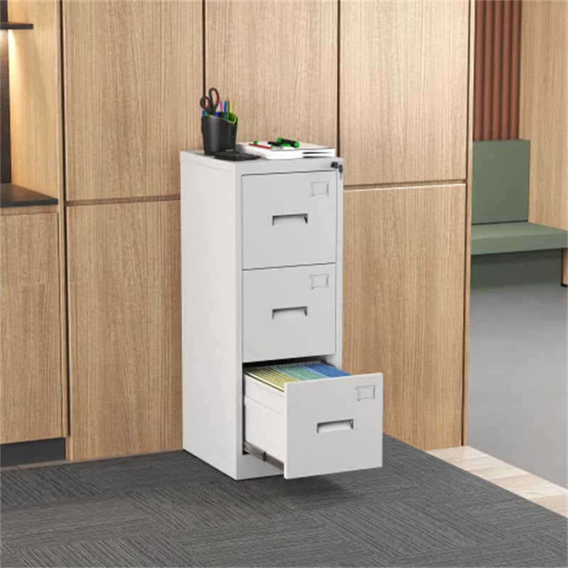 HTUTWOO - Metal Vertical File Cabinet with Lock - 3 Drawer Narrow File Cabinet with Card Slot, A4 Size Files, Assembly Required - White