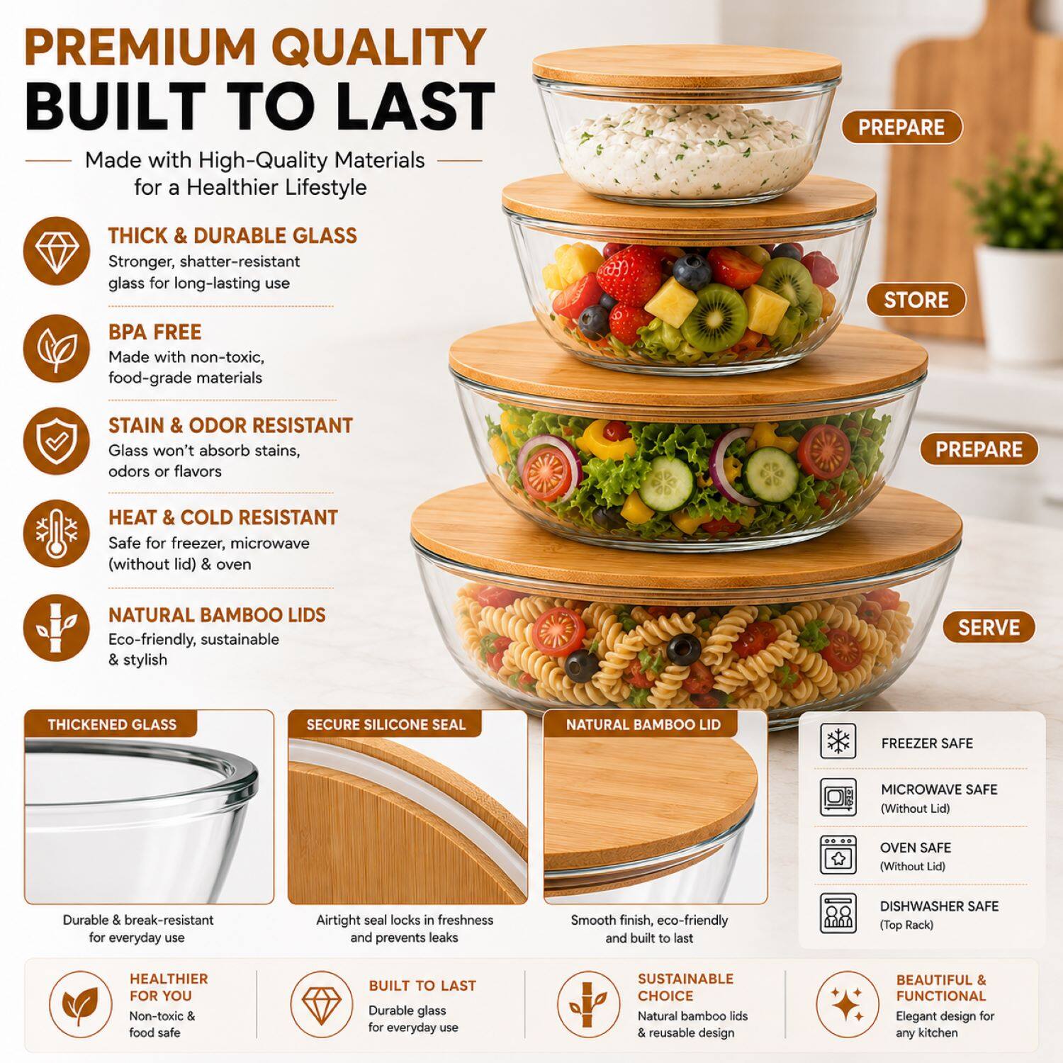 PREMIUM QUALITY BUILT TO LAST

Made with High-Quality Materials for a Healthier Lifestyle

THICK & DURABLE GLASS
Stronger, shatter-resistant glass for long-lasting use

BPA FREE
Made with non-toxic, food-grade materials

STAIN & ODOR RESISTANT
Glass won't absorb stains, odors or flavors

HEAT & COLD RESISTANT
Safe for freezer, microwave (without lid) & oven

NATURAL BAMBOO LIDS
Eco-friendly, sustainable & stylish

THICKENED GLASS
Durable & break-resistant for everyday use

SECURE SILICONE SEAL
Airtight seal locks in freshness and prevents leaks

NATURAL BAMBOO LID
Smooth finish, eco-friendly and built to last

HEALTHIER FOR YOU
Non-toxic & food safe

BUILT TO LAST
Durable glass for everyday use

SUSTAINABLE CHOICE
Natural bamboo lids & reusable design

BEAUTIFUL & FUNCTIONAL
Elegant design for any kitchen

PREPARE
STORE
PREPARE
SERVE

FREEZER SAFE
MICROWAVE SAFE (Without Lid)
OVEN SAFE (Without Lid)
D