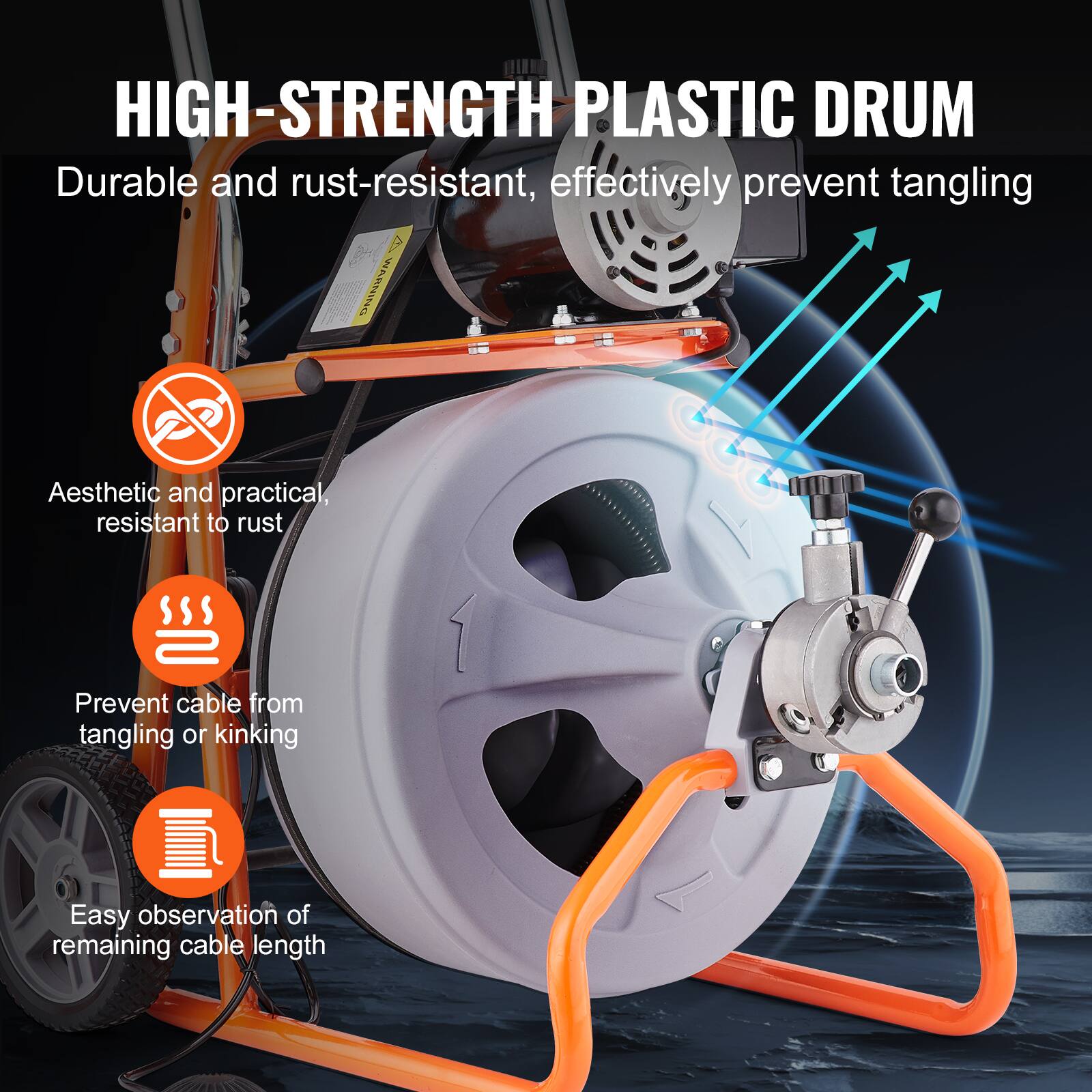 HIGH-STRENGTH PLASTIC DRUM

Durable and rust-resistant, effectively prevent tangling

Aesthetic and practical, resistant to rust

Prevent cable from tangling or kinking

Easy observation of remaining cable length