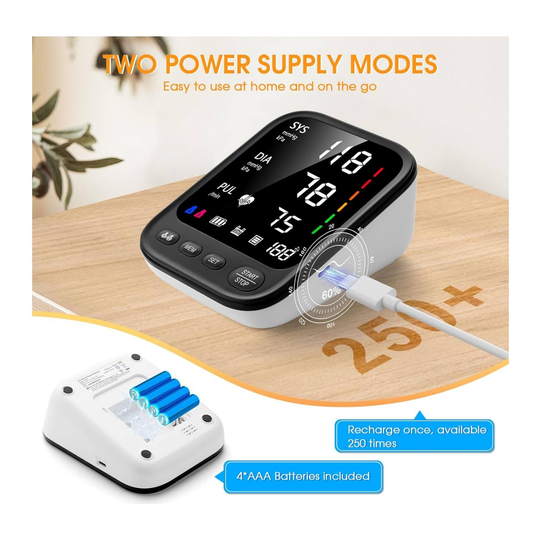 TWO POWER SUPPLY MODES  
Easy to use at home and on the go  

SYS mmHg  
DIA mmHg  
PUL 18  
SET 188  
START STOP  

Recharge once, available 250 times  
4*AAA Batteries included
