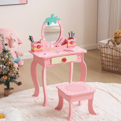 Alt View 7. Winado - 2-in-1 Cartoon Design Children Vanity Table Set Removable Mirror to Writing Desk with Stool for Christmas Birthday Gift - Pink.