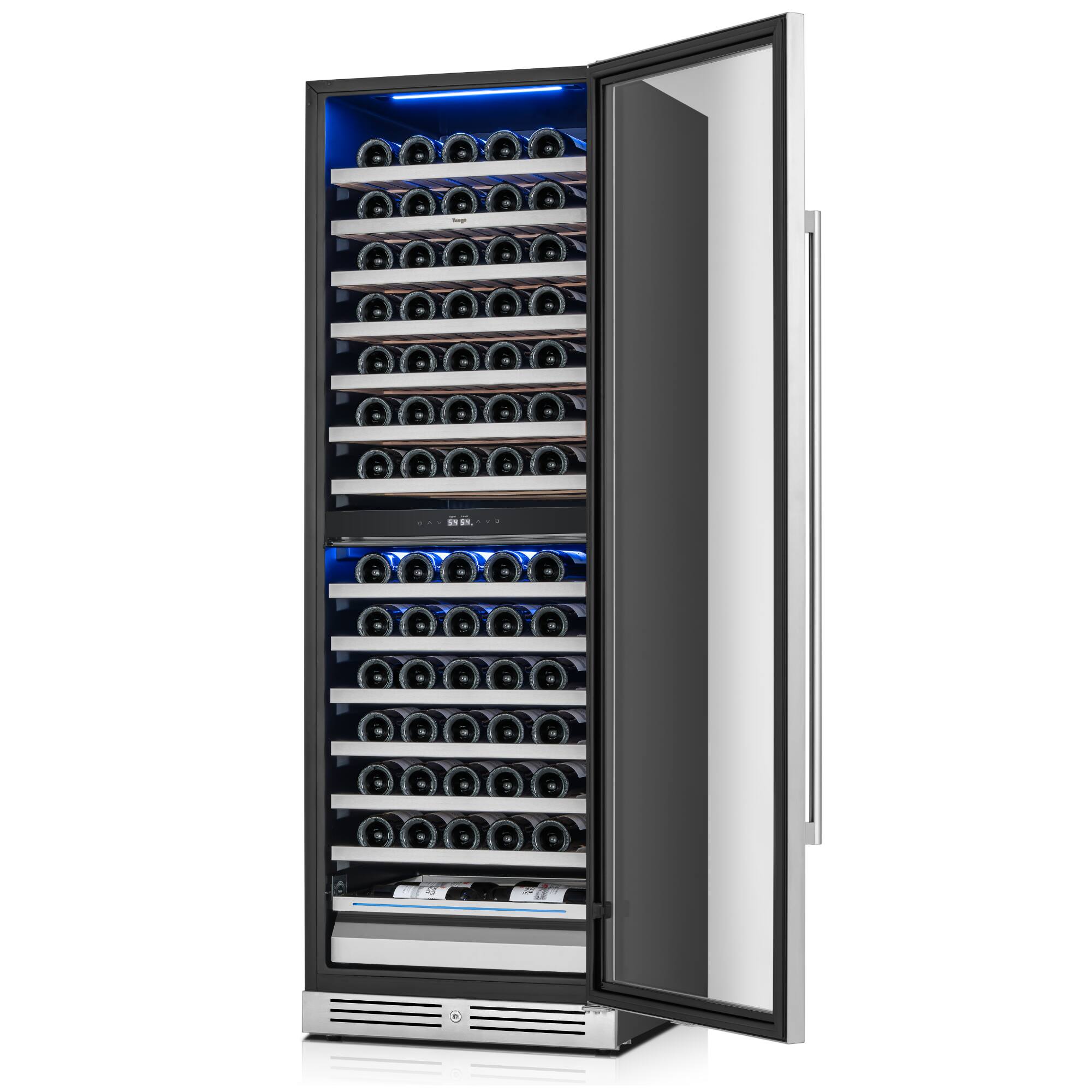 Angle. Yeego - 24" Dual Zone Wine Cooler Refrigerator, 154-Bottle Wine Fridge , Stainless Steel,Built-In & Freestanding - Stainless Steel.