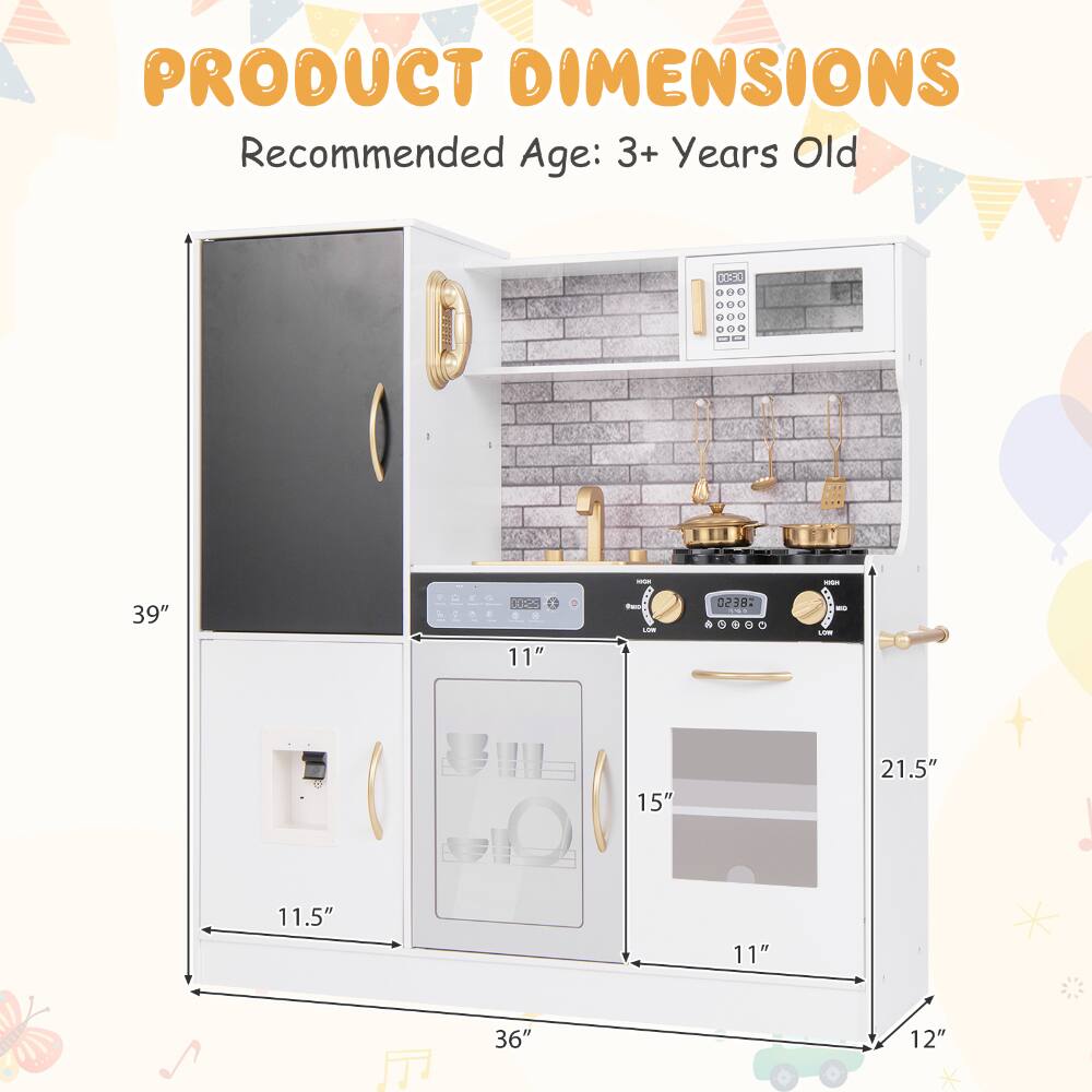 PRODUCT DIMENSIONS  
Recommended Age: 3+ Years Old  

- Height: 39"  
- Width: 36"  
- Depth: 11.5"  
- Oven Width: 11"  
- Oven Height: 15"  
- Oven Depth: 11"  
- Stove Width: 21.5"  
- Stove Height: 12"
