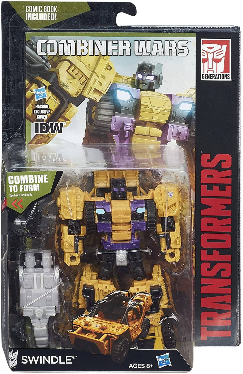 COMIC BOOK INCLUDED!  
COMBINER WARS GENERATIONS  
HASBRO EXCLUSIVE COVER  
IDW  
COMBINE TO FORM  
See back for details.  
TRANSFORMERS  
SWINDLE  
AGES 8+