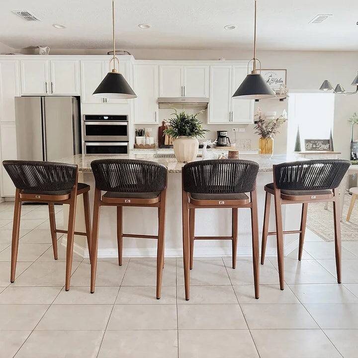 Alt View 2. PURPLE LEAF - Outdoor Bar Stool Set of 2 Rattan Bar Stools with Back Metal Bar Height Stool Outdoor Bar Chair for Garden Kitchen - Brown-Bar Height.