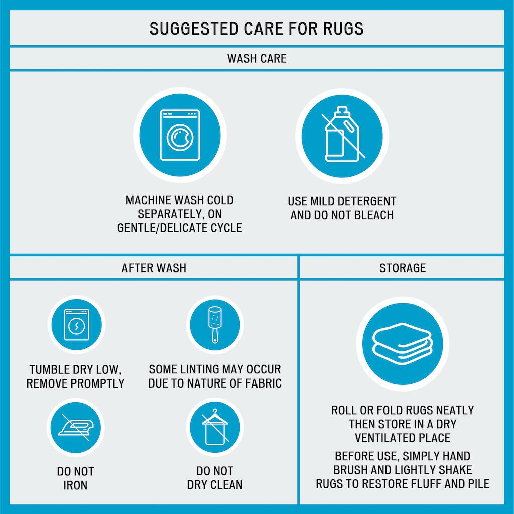 SUGGESTED CARE FOR RUGS

**WASH CARE**
- MACHINE WASH COLD SEPARATELY, ON GENTLE/DELICATE CYCLE
- USE MILD DETERGENT AND DO NOT BLEACH

**AFTER WASH**
- TUMBLE DRY LOW, SOME LINTING MAY OCCUR REMOVE PROMPTLY DUE TO NATURE OF FABRIC
- DO NOT IRON
- DO NOT DRY CLEAN

**STORAGE**
- ROLL OR FOLD RUGS NEATLY THEN STORE IN A DRY VENTILATED PLACE BEFORE USE, SIMPLY HAND BRUSH AND LIGHTLY SHAKE RUGS TO RESTORE FLUFF AND PILE