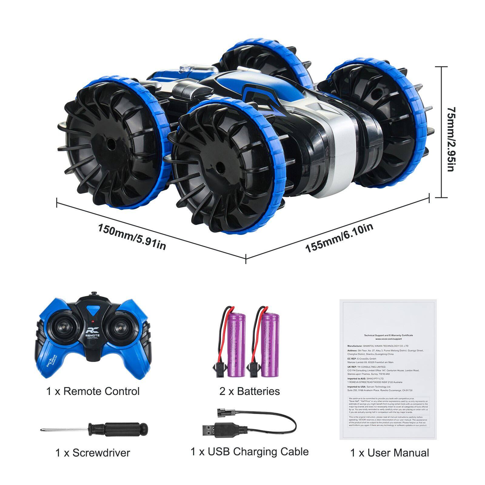 150mm/5.91in  
155mm/6.10in  
75mm/2.95in  

1 x Remote Control  
2 x Batteries  
1 x Screwdriver  
1 x USB Charging Cable  
1 x User Manual