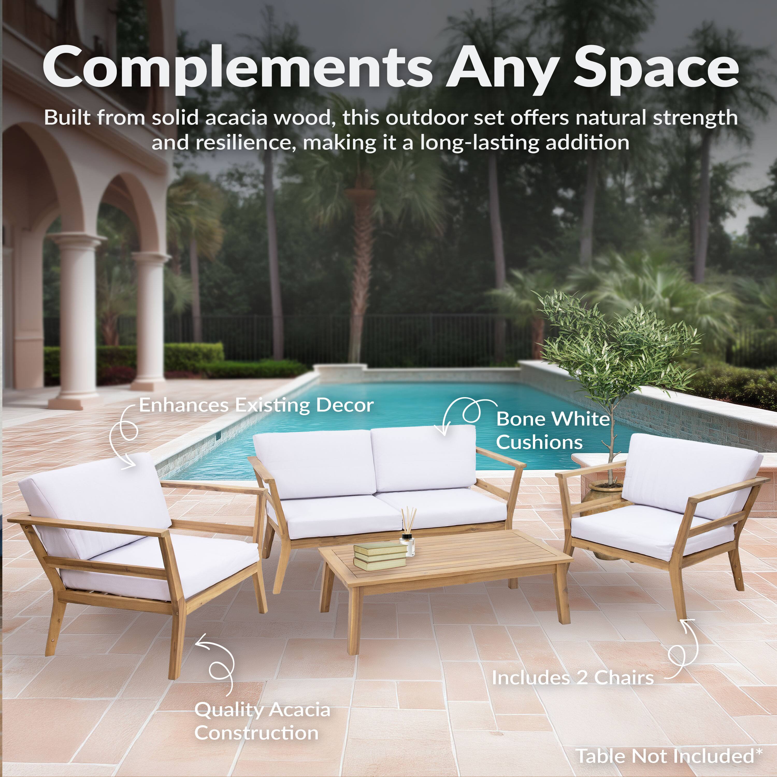 Complements Any Space

Built from solid acacia wood, this outdoor set offers natural strength and resilience, making it a long-lasting addition.

- Enhances Existing Decor
- Bone White Cushions
- Quality Acacia Construction
- Includes 2 Chairs
- Table Not Included*