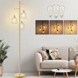 Nordic Hygge - Dimmable Floor Lamp with 3 LED Edsion Bulbs, Farmhouse Tall Standing Lamp for Living Room, Modern Tree Floor Lamp - Gold