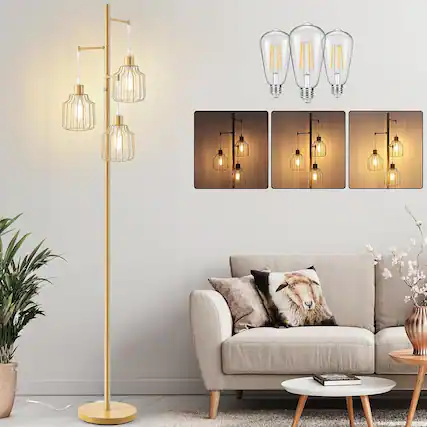 Front. Nordic Hygge - Dimmable Floor Lamp with 3 LED Edsion Bulbs, Farmhouse Tall Standing Lamp for Living Room, Modern Gold Tree Floor Lamp - Gold.