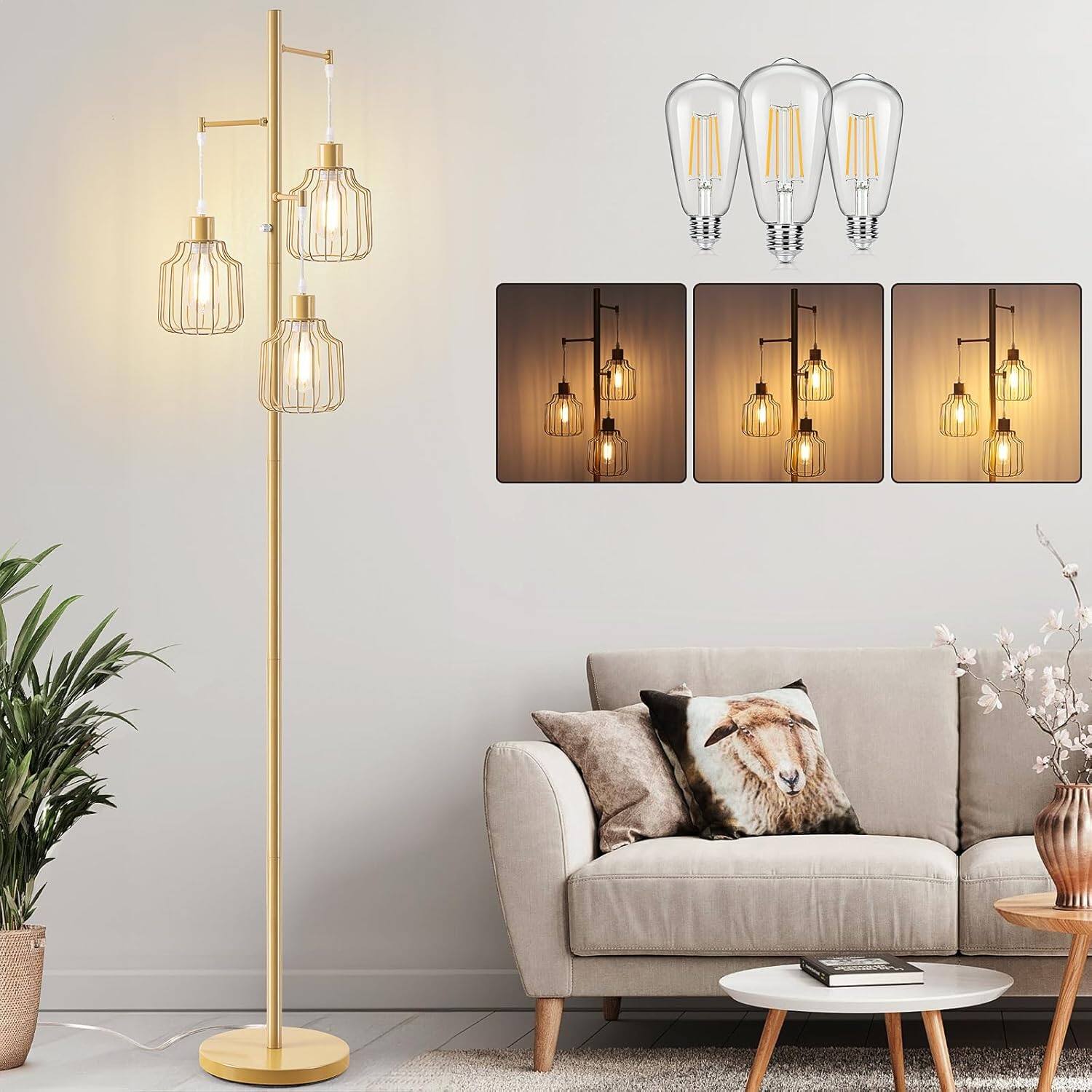 Nordic Hygge - Dimmable Floor Lamp with 3 LED Edsion Bulbs, Farmhouse Tall Standing Lamp for Living Room, Modern Tree Floor Lamp - Gold