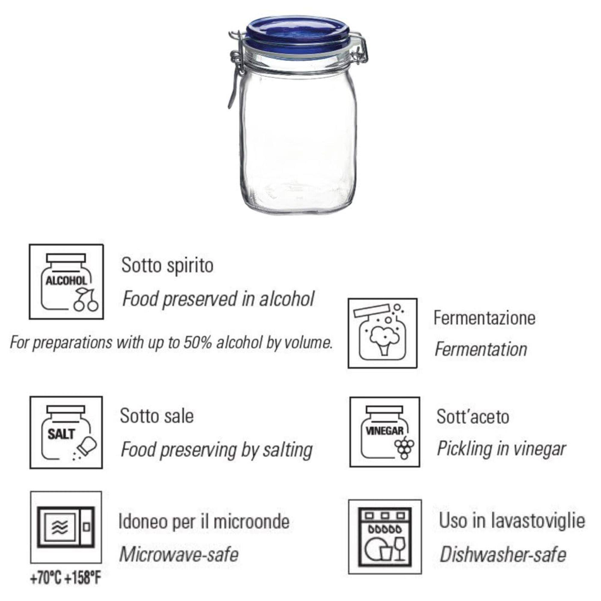 Sotto spirito  
ALCOHOL  
Food preserved in alcohol  
For preparations with up to 50% alcohol by volume.  

Fermentazione  
Fermentation  

Sotto sale  
SALT  
Food preserving by salting  

Sott'aceto  
VINEGAR  
Pickling in vinegar  

Idoneo per il microonde  
Microwave-safe  
+70°C +158°F  

Uso in lavastoviglie  
Dishwasher-safe