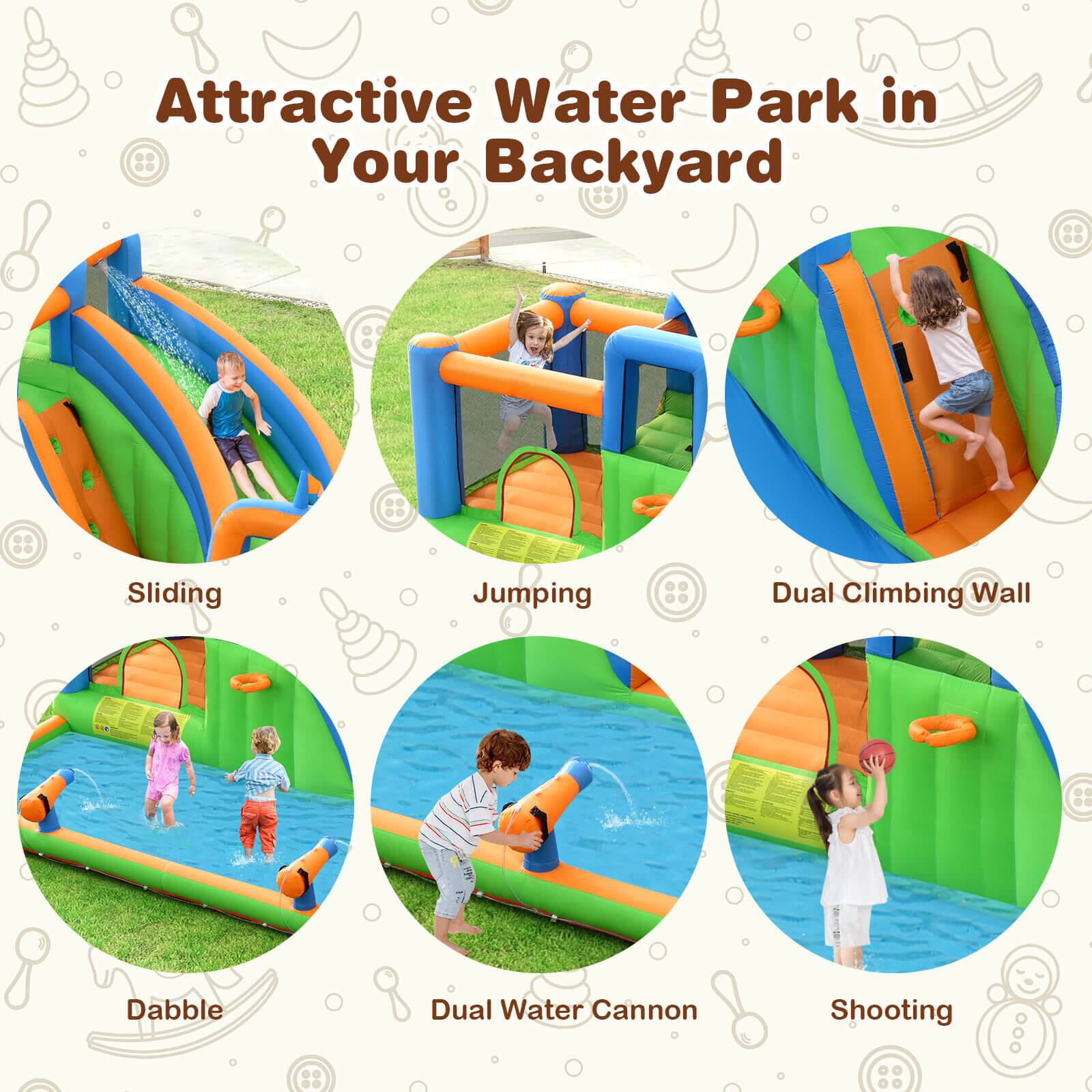 Attractive Water Park in Your Backyard

- Sliding
- Jumping
- Dual Climbing Wall
- Dabble
- Dual Water Cannon
- Shooting