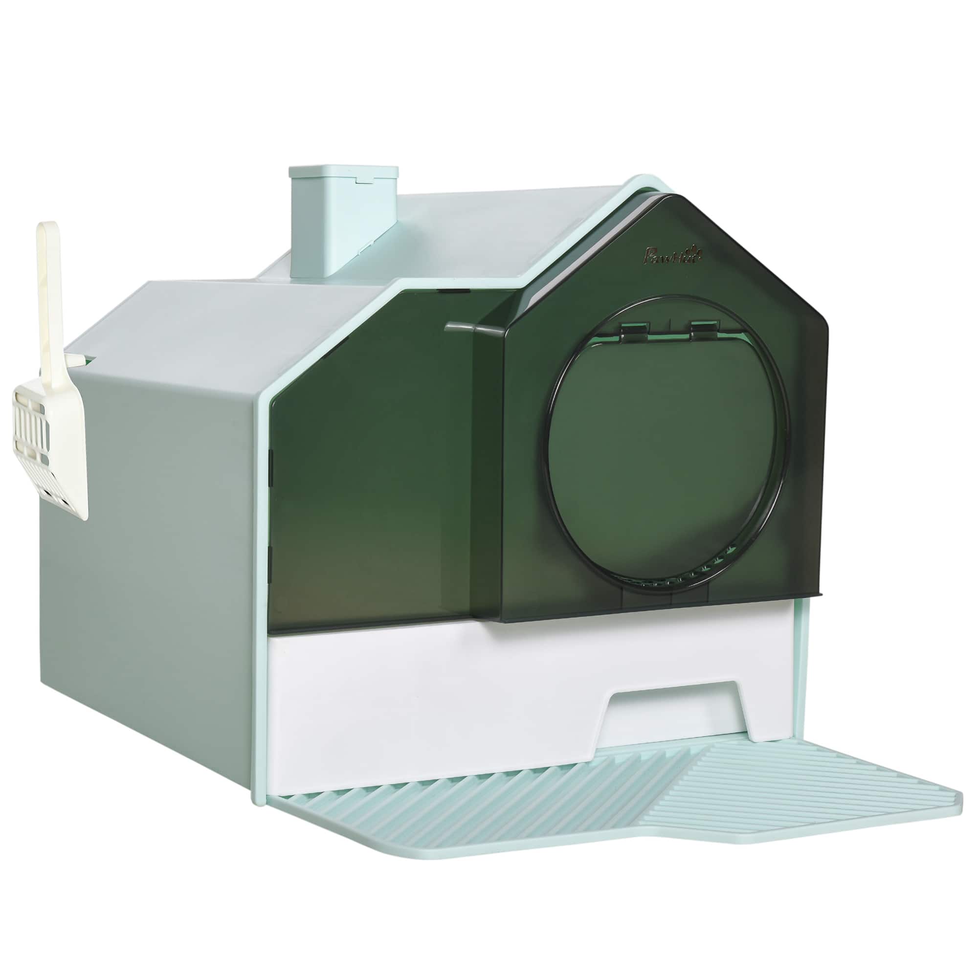 Pawhut - Hooded Cat Litter Box with Kitty Litter Mat, Kitty Litter Pan with Odor Control, Pull-Out Drawer, Handle, Scoop - Light Blue