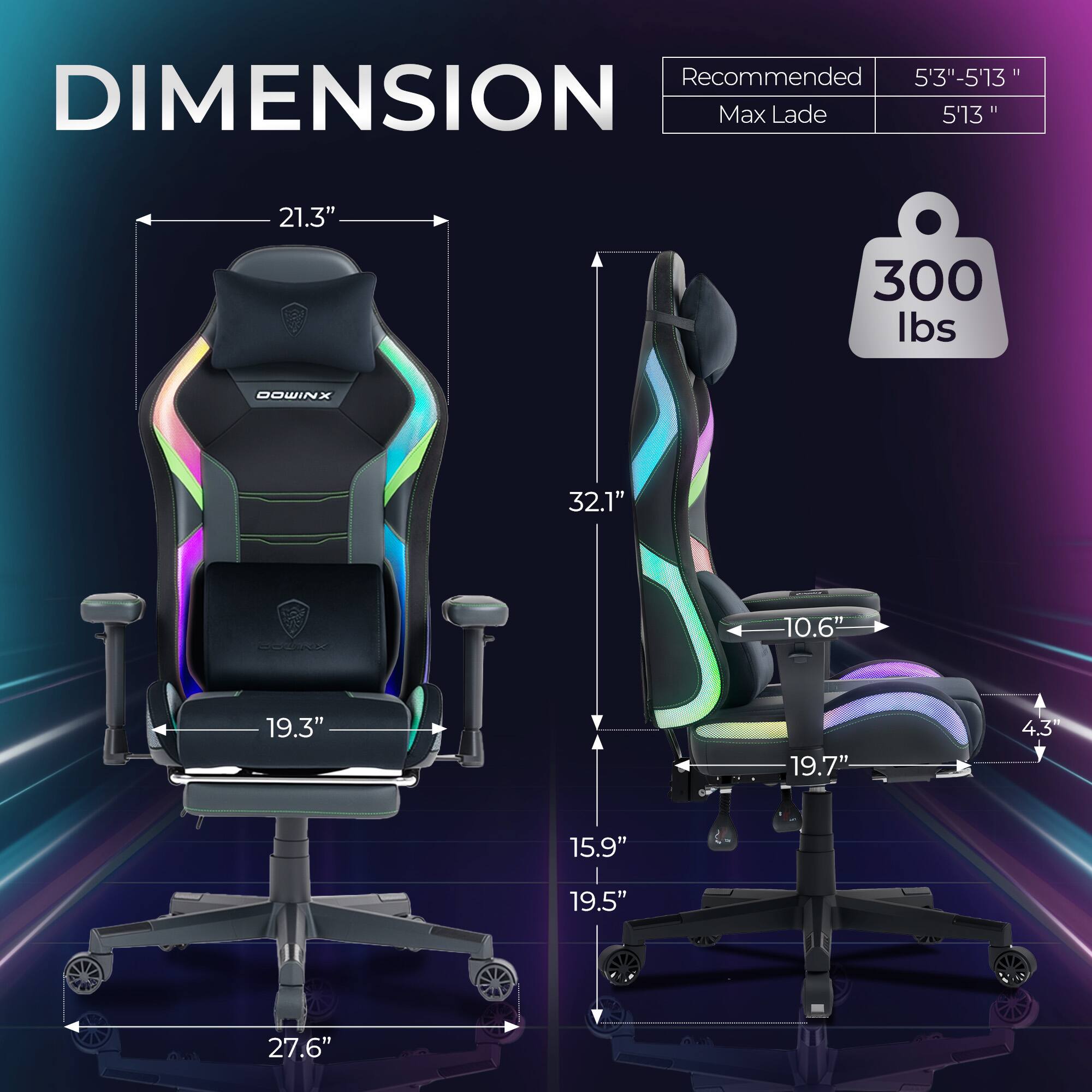 Recommended 5'3"-5'13"  
DIMENSION  
Max Lade 5'13"  
21.3"  
300 lbs  
32.1"  
10.6"  
19.3"  
19.7"  
4.3"  
15.9"  
19.5"  
27.6"