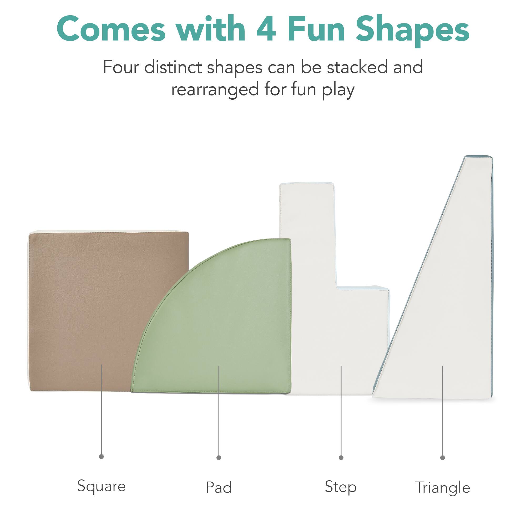 The text in the image can be grouped and corrected as follows:

"Comes with 4 Fun Shapes
Four distinct shapes can be stacked and rearranged for fun play
- Square
- Pad
- Step
- Triangle"