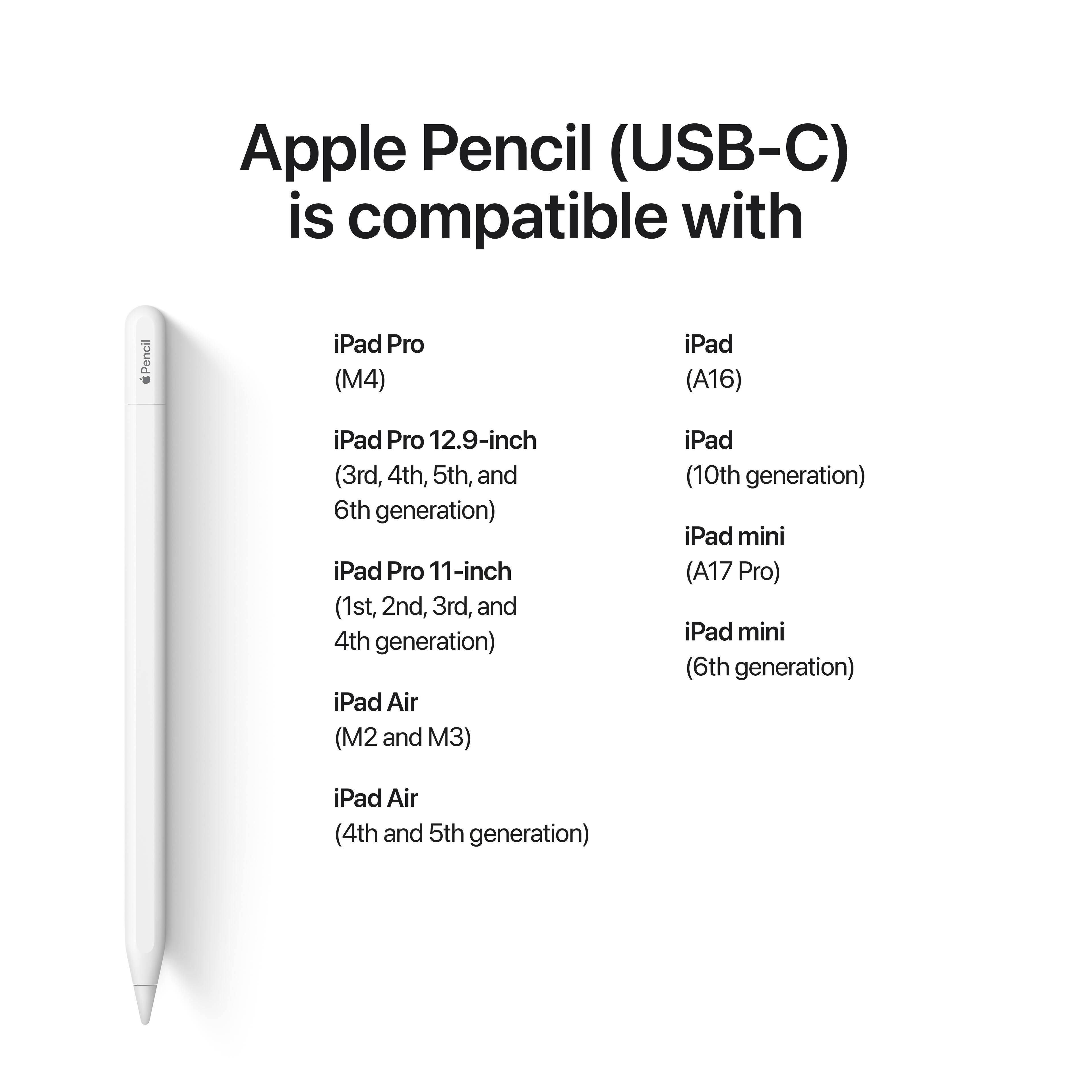 Apple Pencil (USB-C) is compatible with iPad Pro (M4), iPad Pro 12.9-inch (3rd, 4th, 5th, and 6th generation), iPad Pro 11-inch (1st, 2nd, 3rd, and 4th generation), iPad Air (M2 and M3), iPad (10th generation), iPad mini (A17 Pro), iPad mini (6th generation), iPad Air (4th and 5th generation)