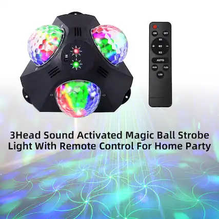 ON OFF M1 + M2 - 0 IR A 1 M3 AUTO PAUSE FLASH LED O 3Head Sound Activated Magic Ball Strobe Light With Remote Control For Home Party