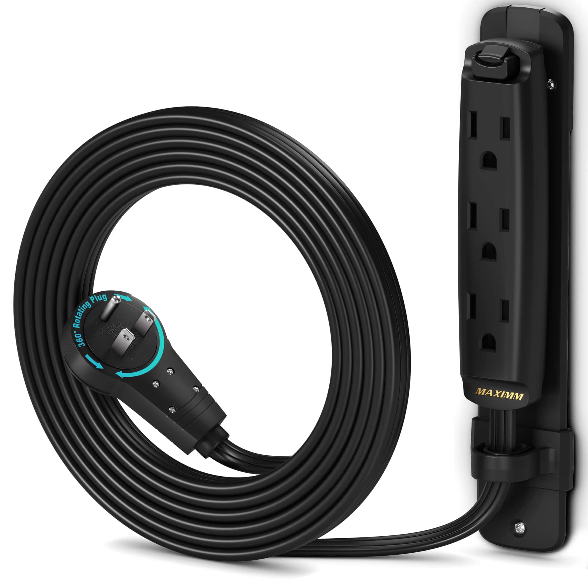 Maximm - 360 Degree Rotating Flat Extension Cord 6 Ft Multi 3 Outlet with Mounting Bracket, Grounded 16 AWG UL Certified - Black