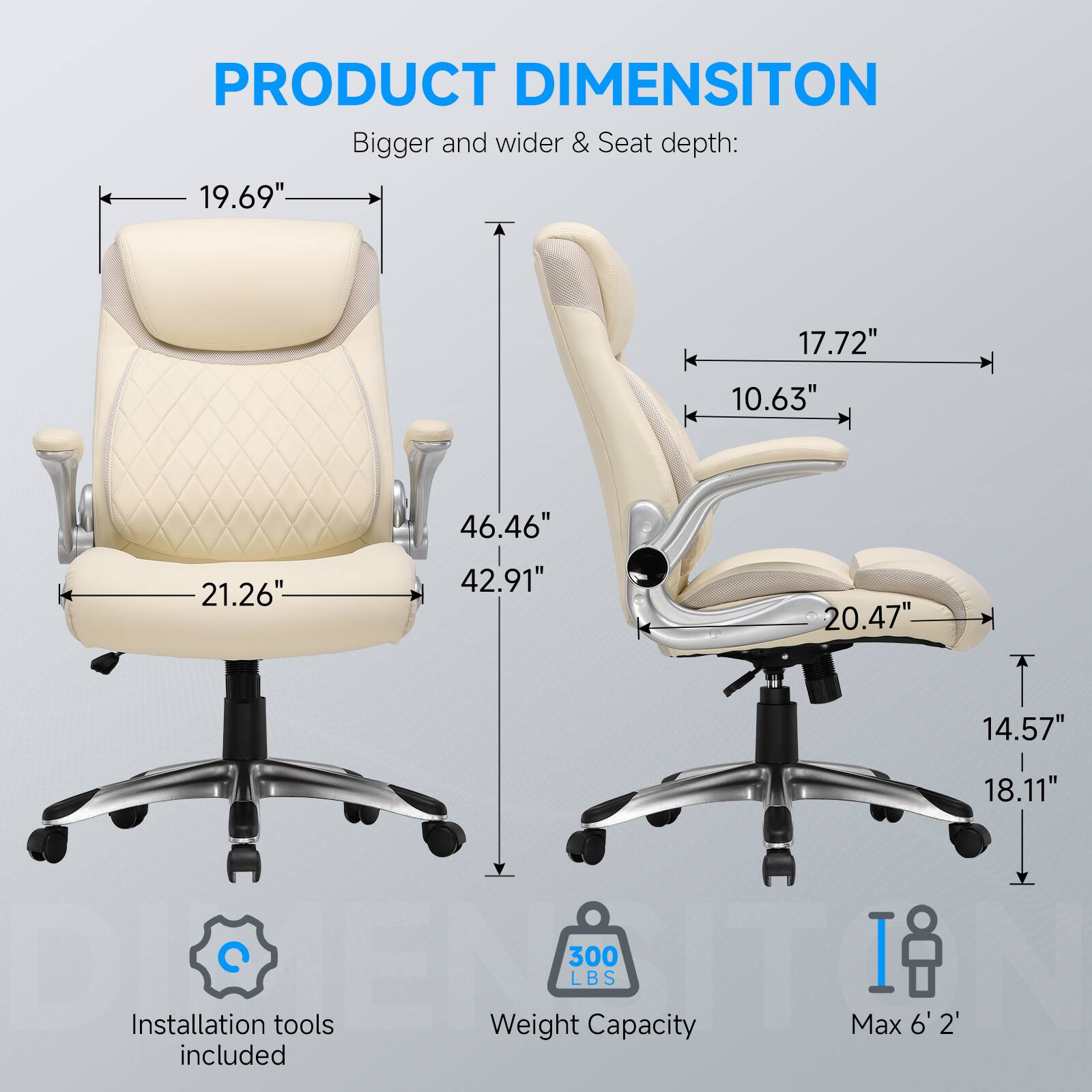 PRODUCT DIMENSITON

Bigger and wider & Seat depth:
19.69"
17.72"
10.63"
21.26"
46.46"
42.91"
20.47"
14.57"
18.11"

Installation tools included

300 LBS Weight Capacity
Max 6'2"