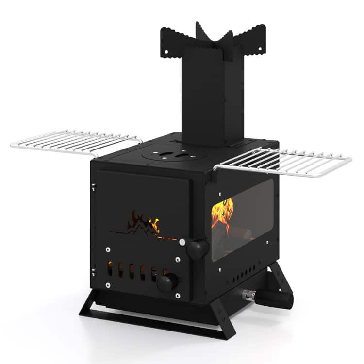 Mondawe - Portable Wood Burning Stove Mini Heater Burner with Pot Rack Oven Pan - Black