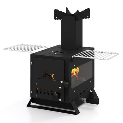 Front. Mondawe - Portable Wood Burning Stove Mini Heater Burner with Pot Rack Oven Pan - Black.