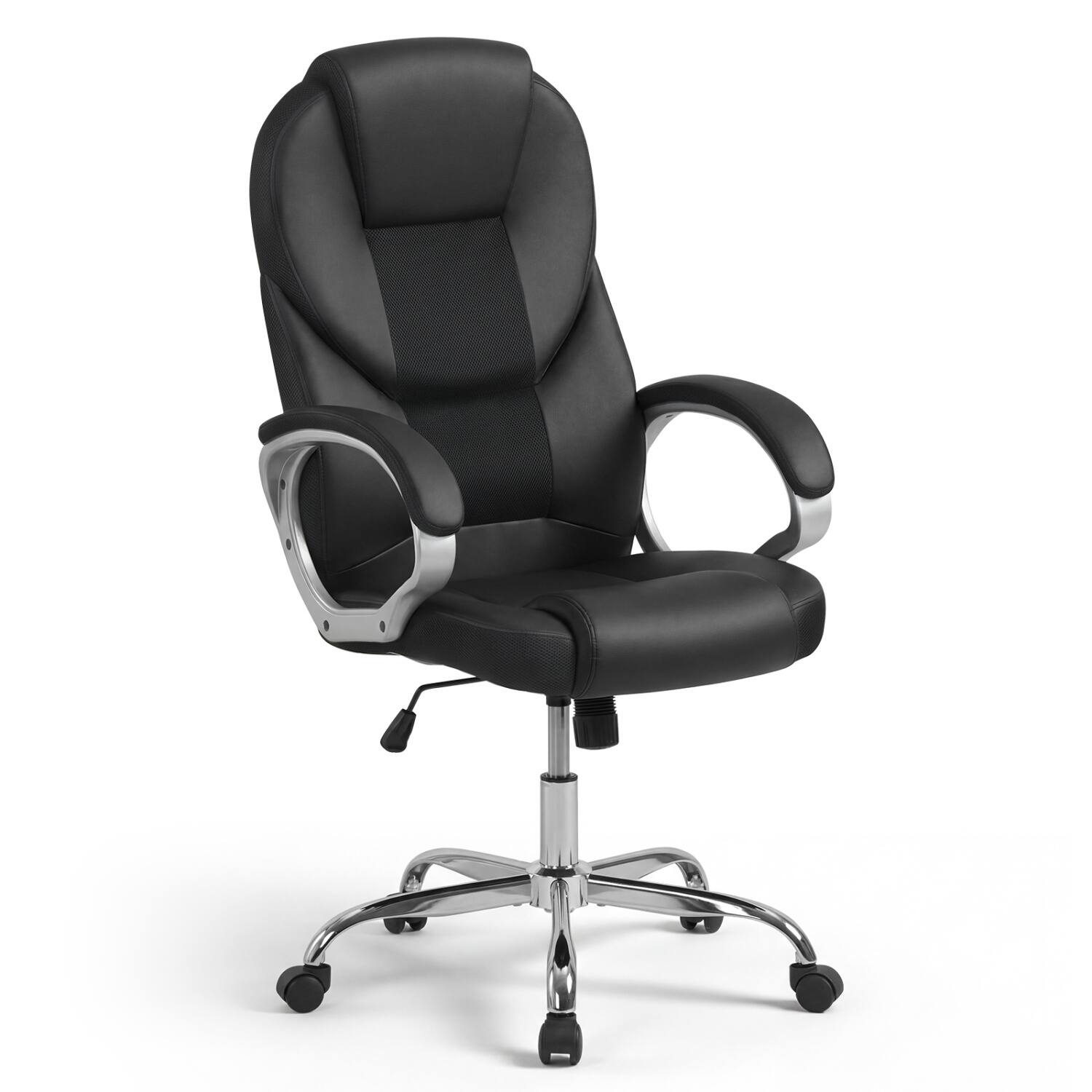 Front. WELLFOR - Leather Office Chair Ergonomic Mesh Executive Chair with Padded Armrests and Rocking Backrest - Black.