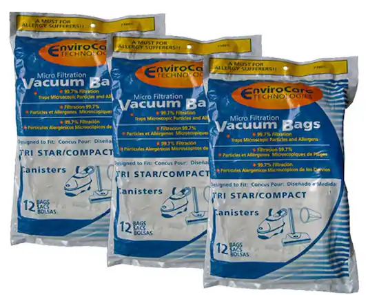 A MUST FOR ALLERGY SUFFERERS!!
EnviroCare TECHNOLOGIES
Micro Filtration Vacuum Bags
99.7% Filtration
Traps Microscopic Particles and Allergens
Designed to Fit:
Concus Pour:
Diseñado a Medida:
TRI STAR/COMPACT Canisters
12 BAGS
12 SACS
12 BOLSAS
Micro Filtration Vacuum Bags
99.7% Filtration
Traps Microscopic Particles and Allergens
Designed to Fit:
Concus Pour:
Diseñado a Medida:
TRI STAR/COMPACT Canisters
12 BAGS
12 SACS
12 BOLSAS
Micro Filtration Vacuum Bags
99.7% Filtration
Traps Microscopic Particles and Allergens
Designed to Fit:
Concus Pour:
Diseñado a Medida:
TRI STAR/COMPACT Canisters
12 BAGS
12 SACS
12 BOLSAS