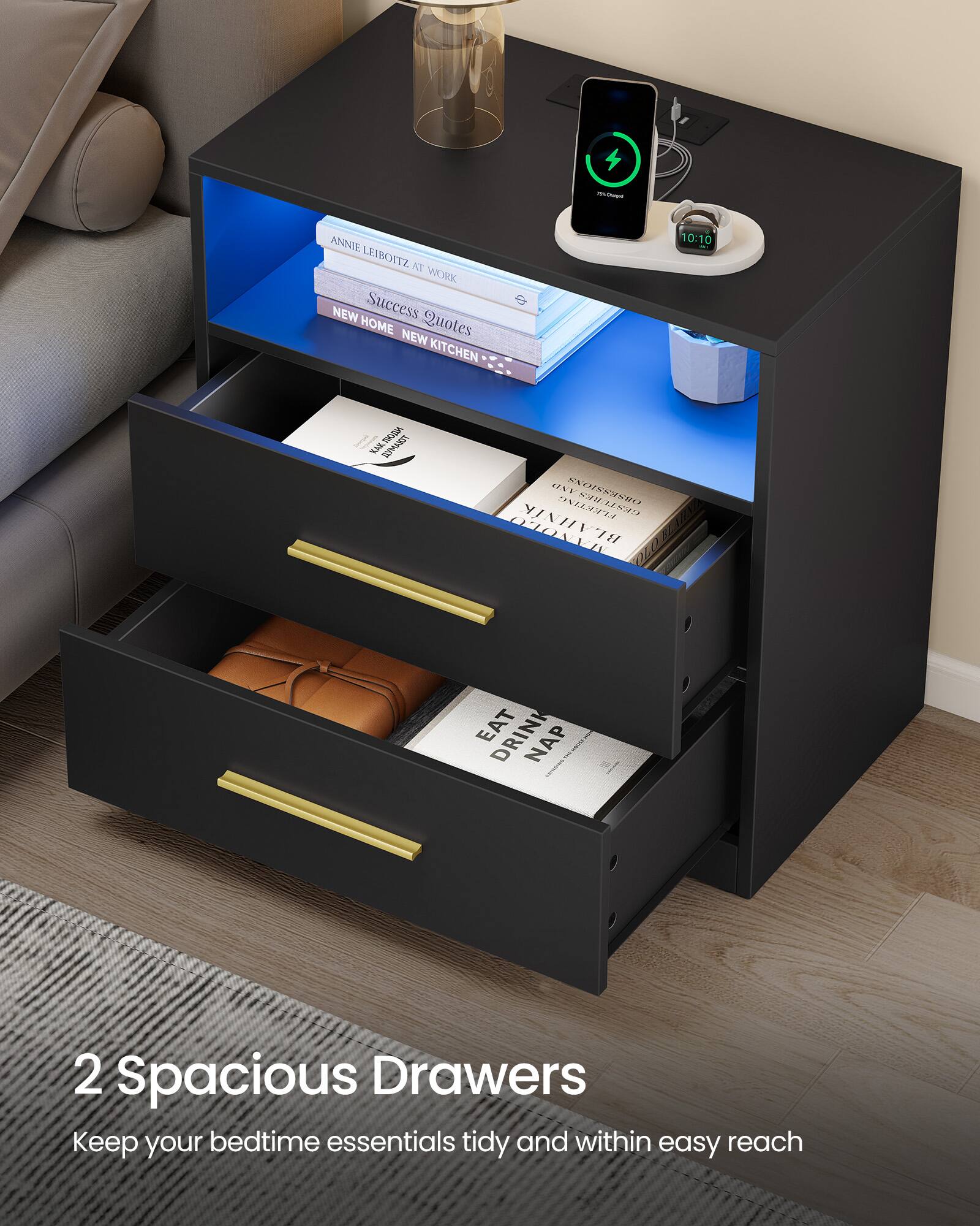 ANNIE LEIBKOTZ AT WORK  
SUCCESS QUOTES  
NEW HOME NEW KITCHEN  

2 Spacious Drawers  
Keep your bedtime essentials tidy and within easy reach