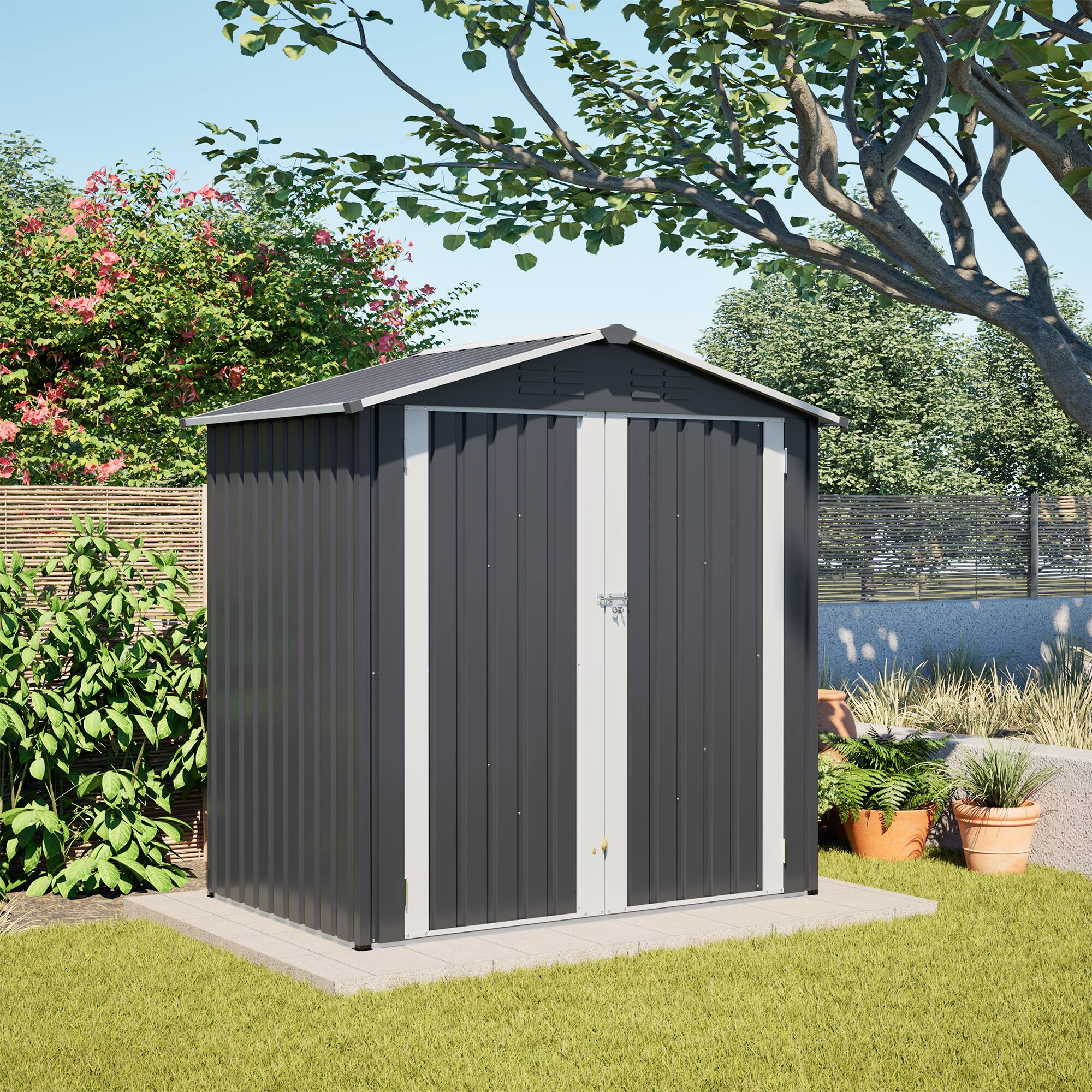 Alt View 6. Loheer - 6'x4' Metal Outdoor Storage Shed with Sloped Roof and Lockable Door - Gray.