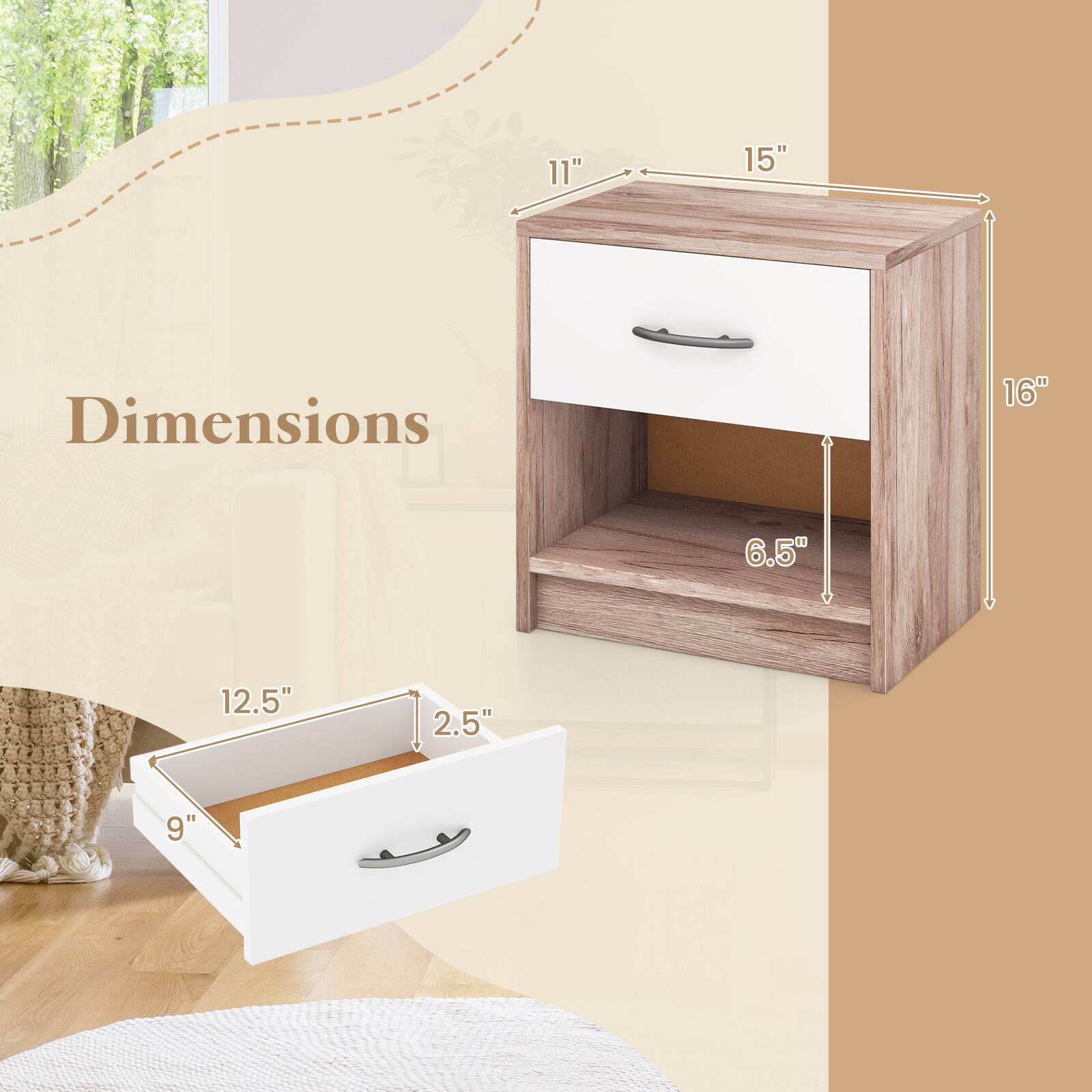 Dimensions
11"
15"
16"
6.5"
12.5"
2.5"
9"