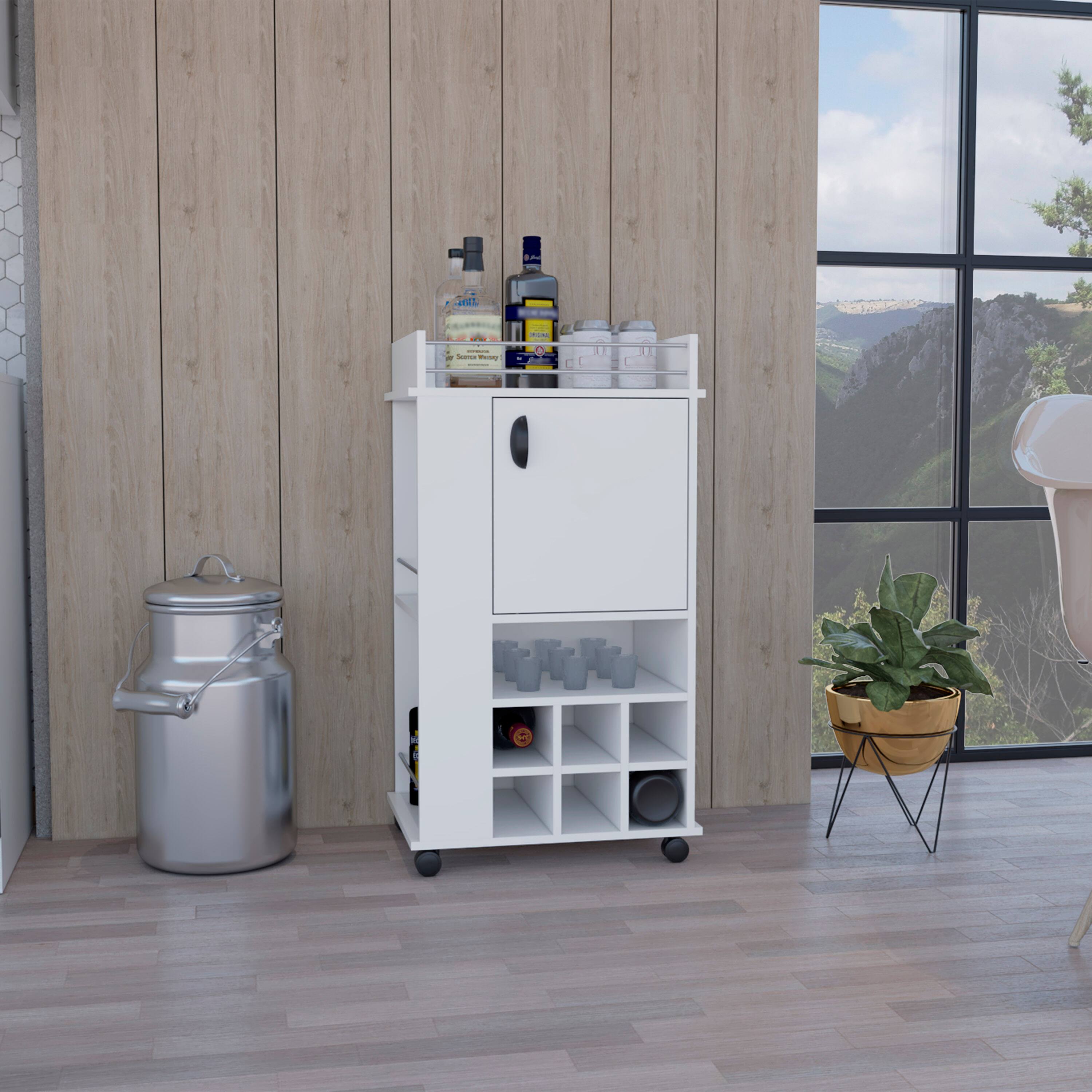 Angle. TuHome - Fargo Bar Cart with Cabinet, 6 Built-In Wine Rack And Casters, Bar Room or Living Room - White.