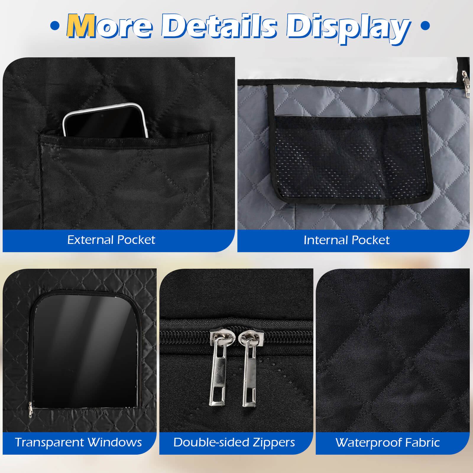 - More Details Display
  - External Pocket
  - Internal Pocket
  - Transparent Windows
  - Double-sided Zippers
  - Waterproof Fabric