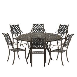 Mondawe - 7-Piece Cast Aluminum Dining Set with Round Table and 6 Ergonomic Chairs - Bronze