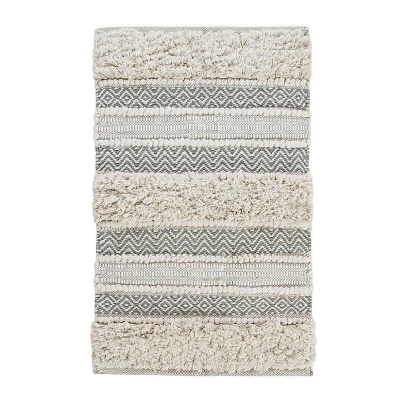 Front. HTUTWOO - Stripe Woven Texture Stripe Bath Rug - 20x32" Boho Handwoven Bathroom Mat, Non-Skid Latex Backing, Machine Washable - GREY.
