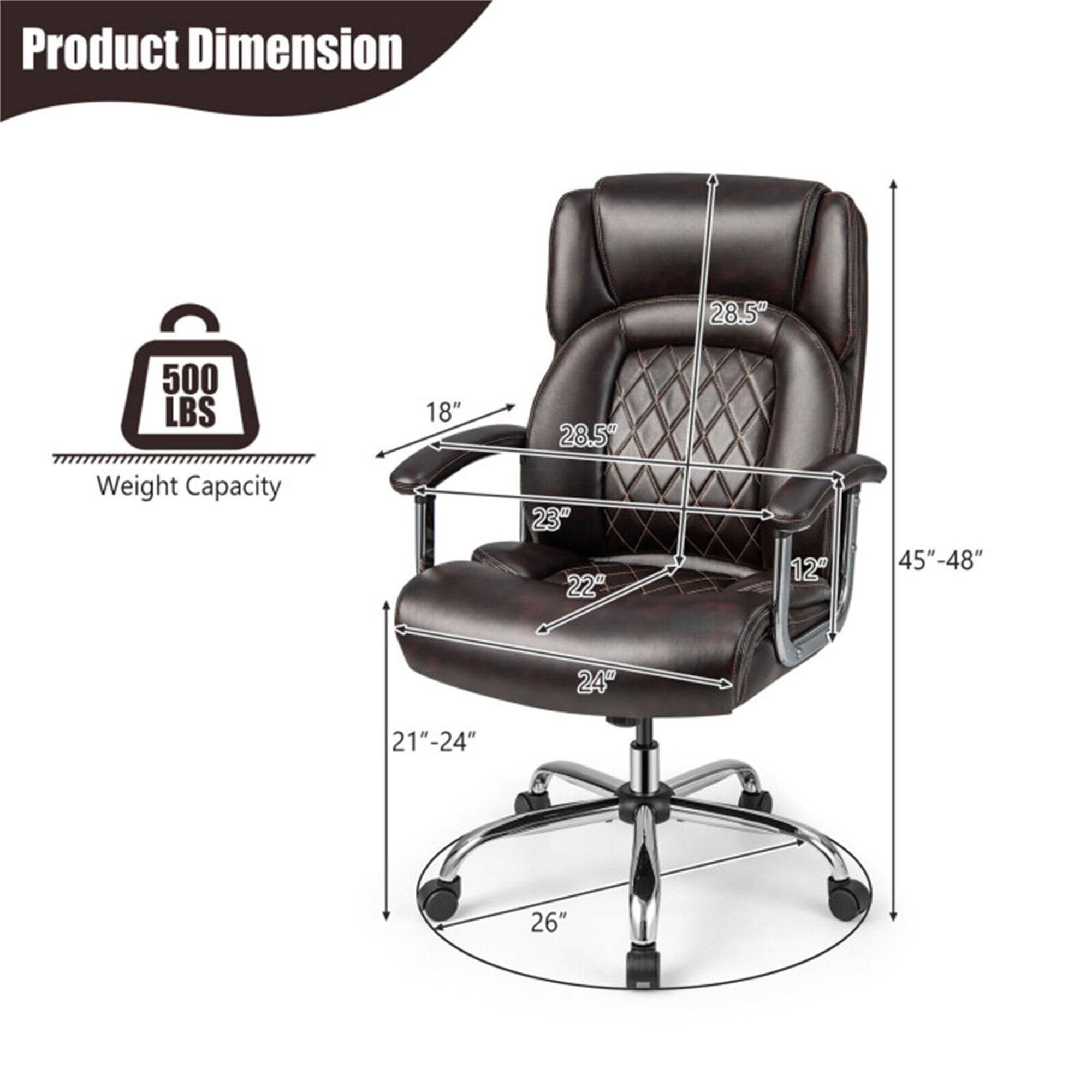 Product Dimension  
500 LBS Weight Capacity  

- Height: 45" - 48"  
- Width: 28.5"  
- Depth: 28.5"  
- Seat Height: 21" - 24"  
- Seat Depth: 22"  
- Armrest Height: 18"  
- Back Height: 28.5"  
- Base Diameter: 26"  
- Seat Width: 24"  
- Armrest Width: 12"