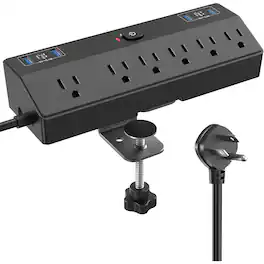 PARKER SLATER - Desk Clamp Power Strip with 6 Outlets & 2 USB-C Ports, 40W Fast Charging, Surge Protector, 10FT Cord – Fits 1.8" Edge - Black