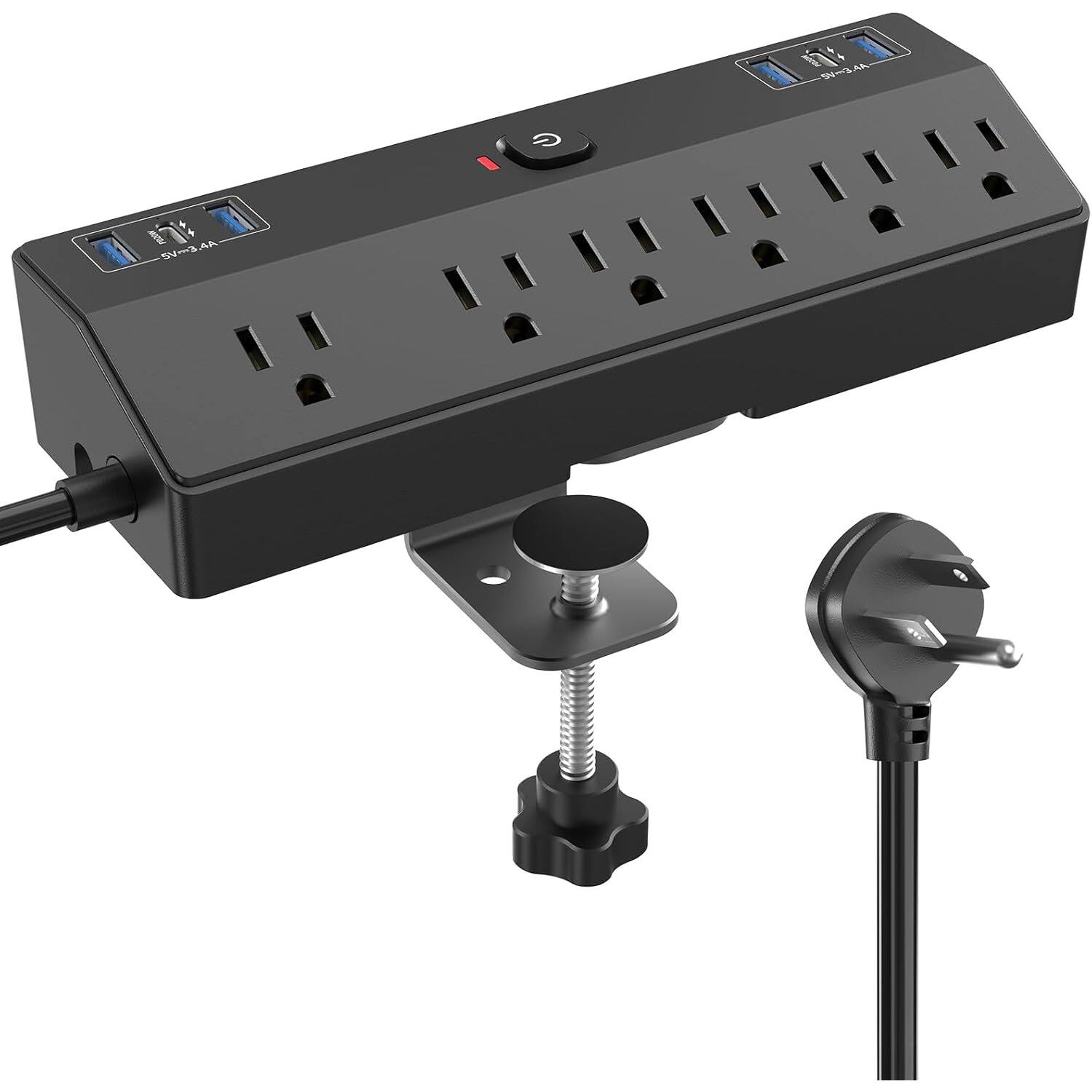 PARKER SLATER - Desk Clamp Power Strip with 6 Outlets & 2 USB-C Ports, 40W Fast Charging, Surge Protector, 10FT Cord – Fits 1.8" Edge - Black