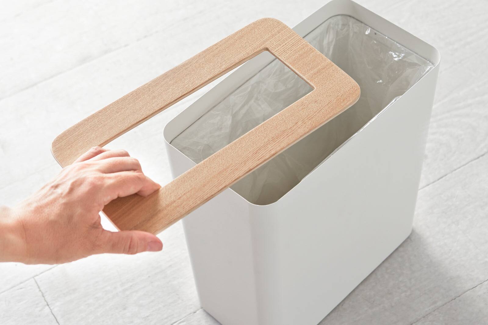 Back. Yamazaki Home - Trash Can - Rectangle - Steel + Wood - Black.