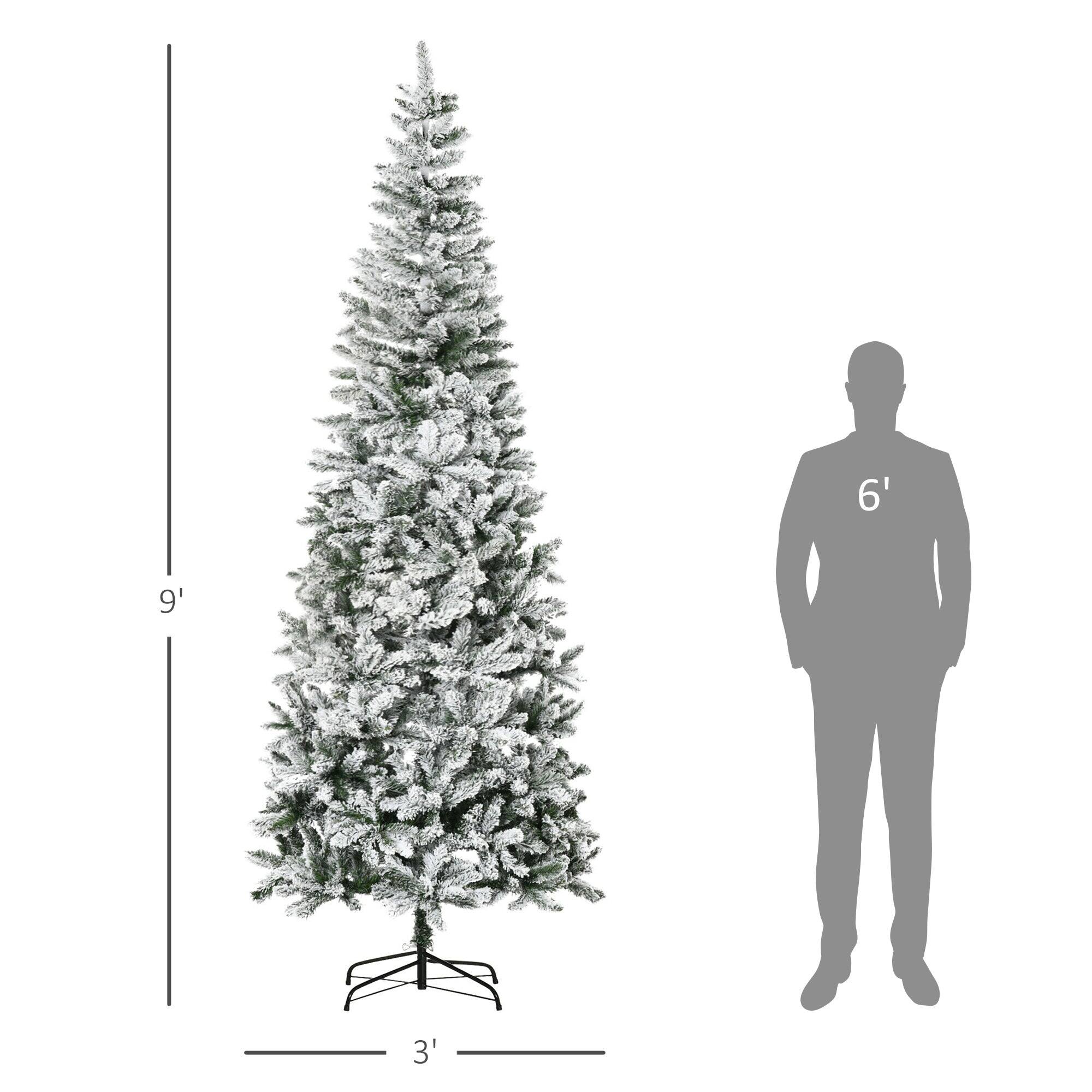 Left. BreeBe - 9ft Unlit Snow-Flocked Slim Pine Artificial Christmas Tree with Realistic Branches and 1084 Tips - Green.